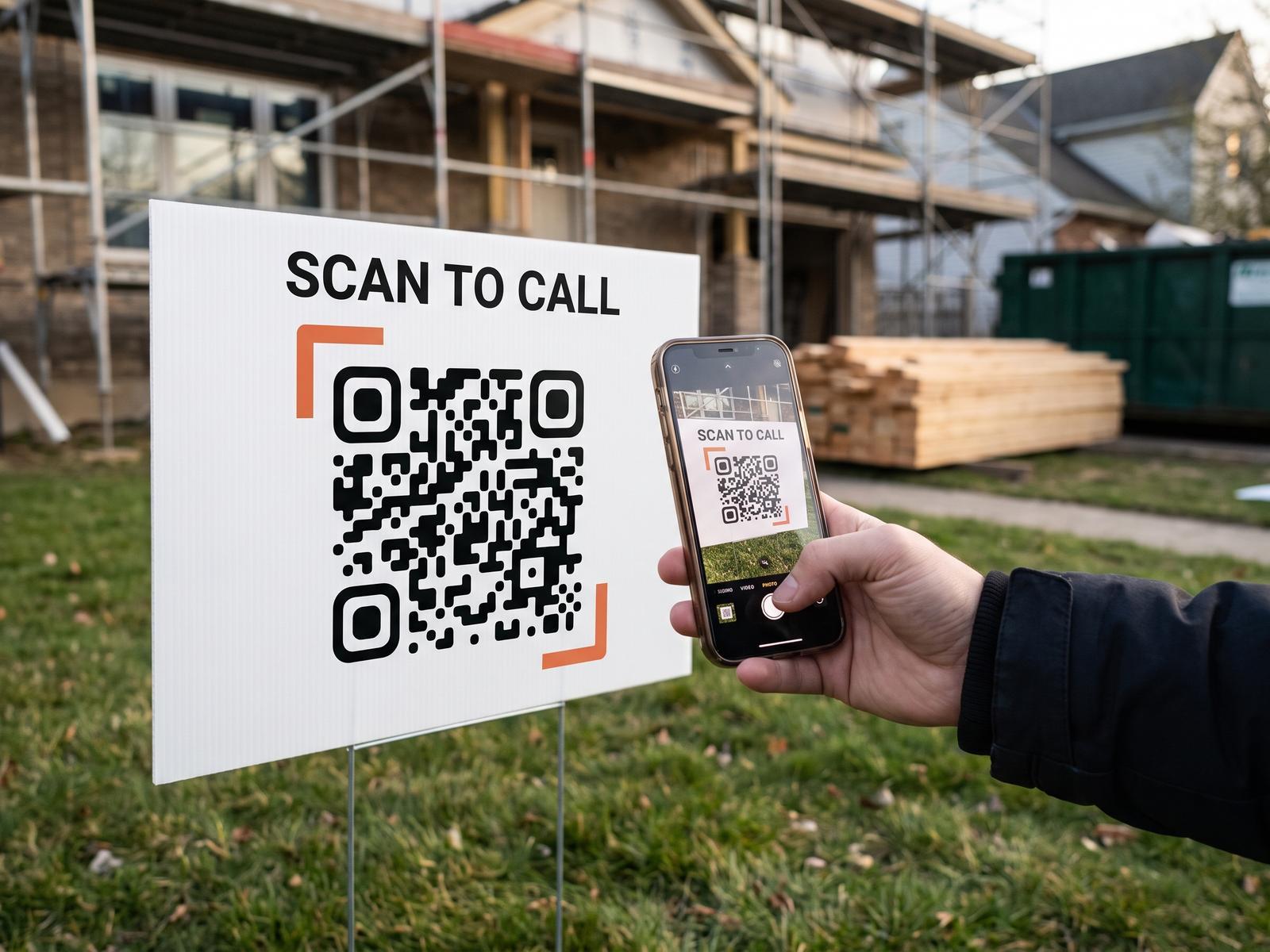 A hand holds a phone up to a “Scan to call” yard sign in front of a house being renovated; the screen shows the sign’s code.