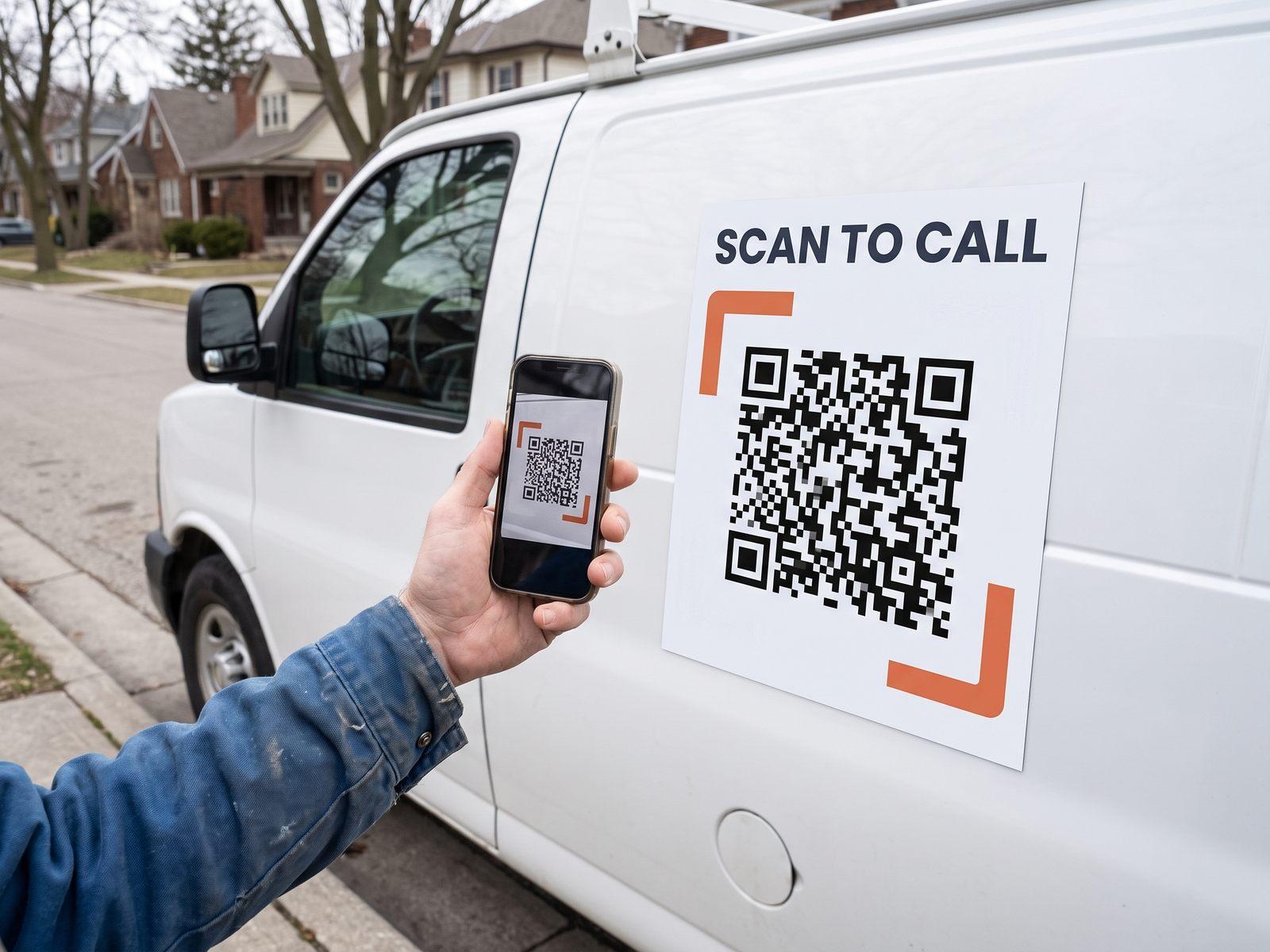 A hand scans a “Scan to call” magnet on the side of a white work van parked at the curb.