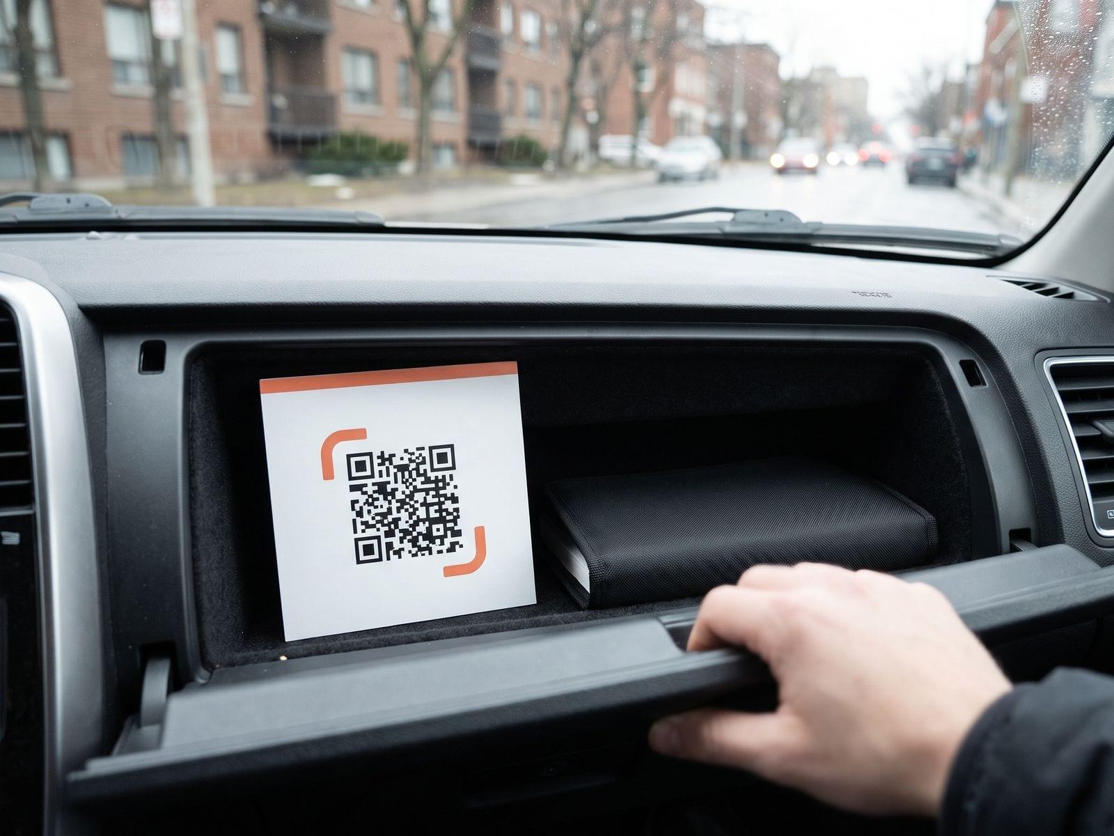 An open glovebox with a printed help card showing a QR code, next to the owner’s manual.