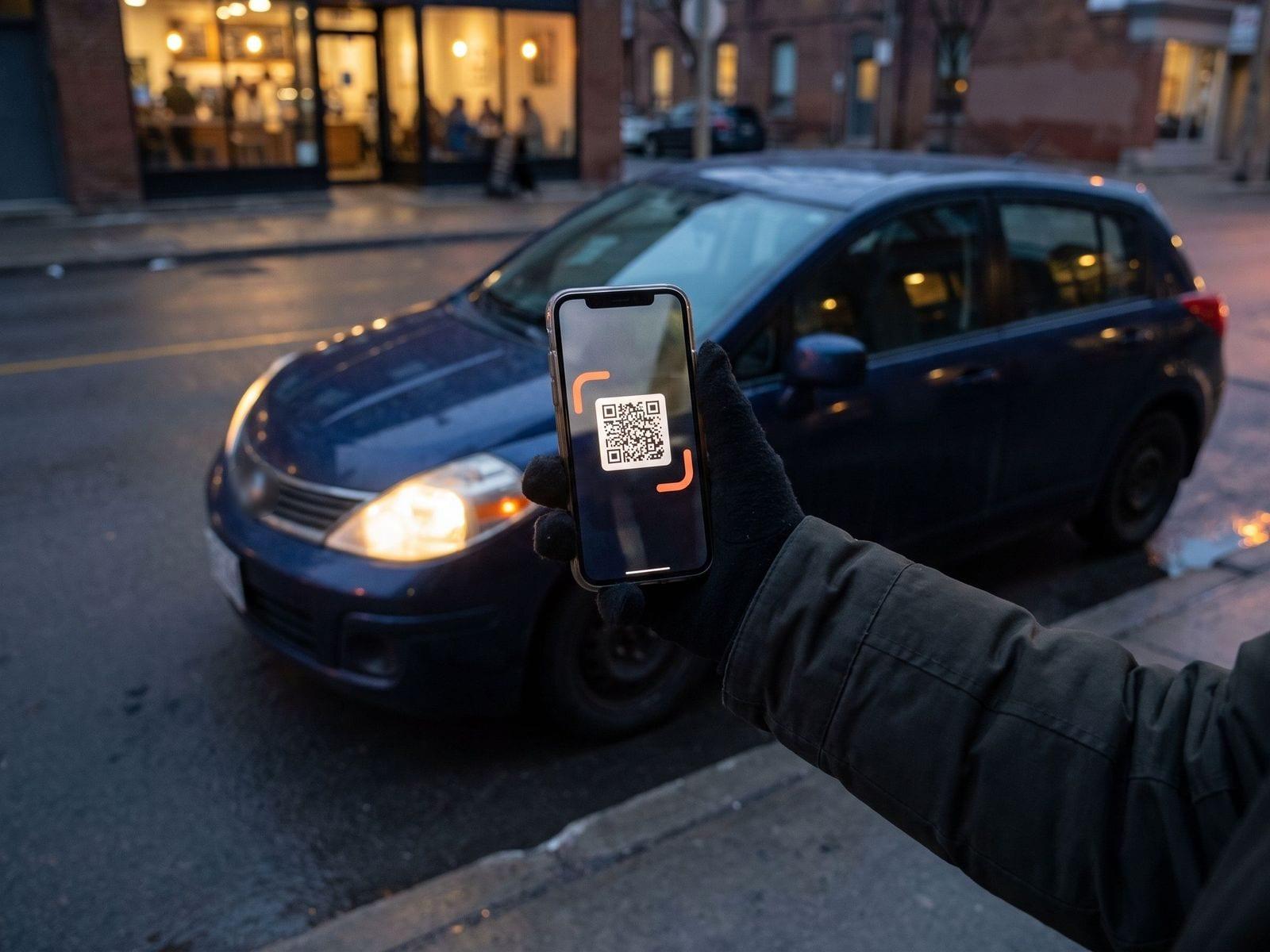 A gloved hand holds a phone up to a parked blue car with its headlights on; the phone camera shows the window decal’s QR code.