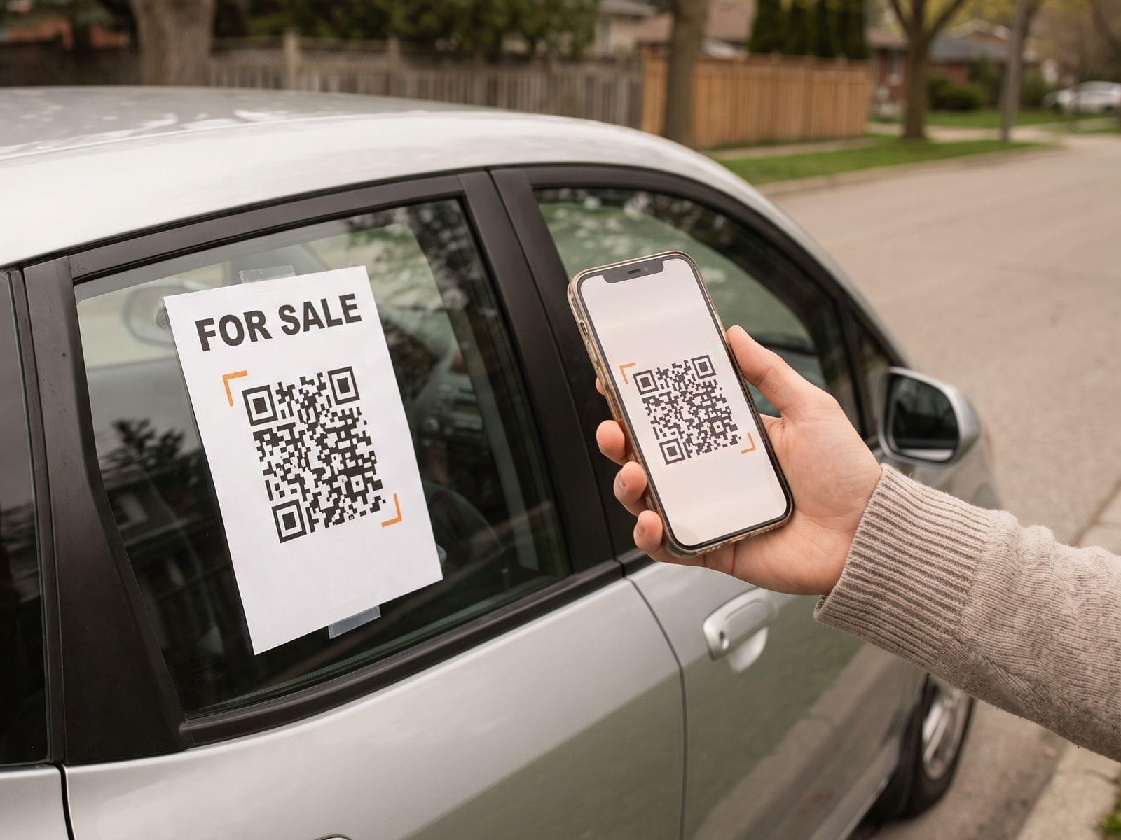 A “For sale” sign with a QR code taped inside a parked car’s window, a passer-by scanning it with a phone.