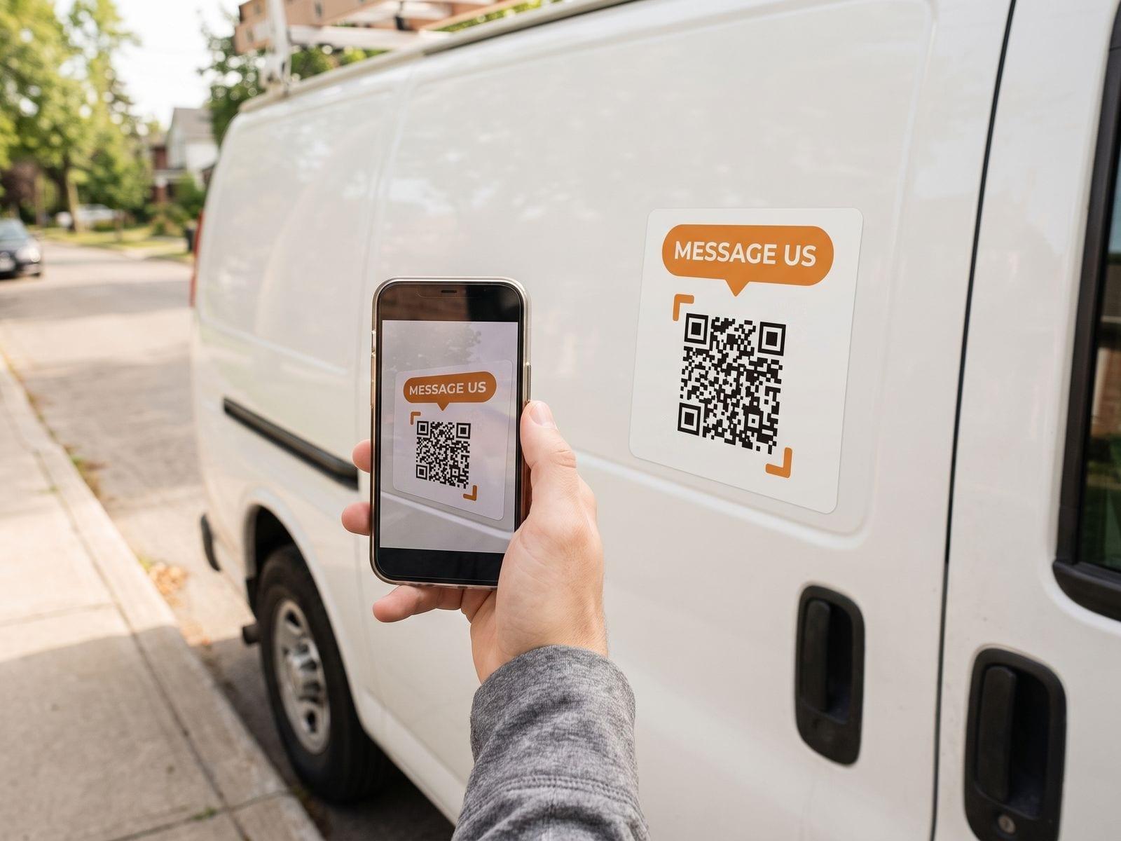 A chat QR code decal saying “Message us” on the side of a white work van, a passer-by scanning it with a phone.