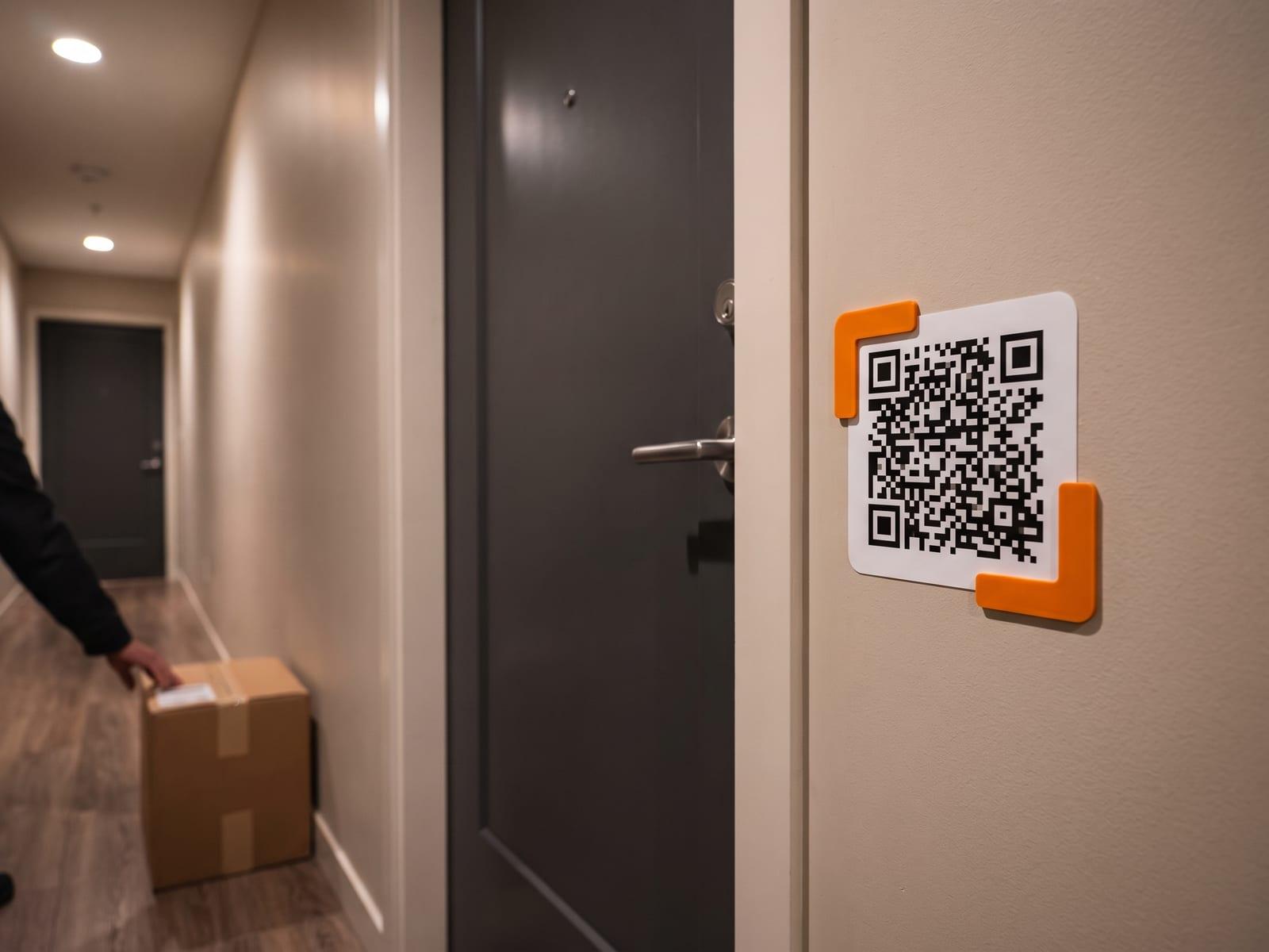 A QR doorbell plate on the wall beside a condo unit door, a parcel on the hallway floor.