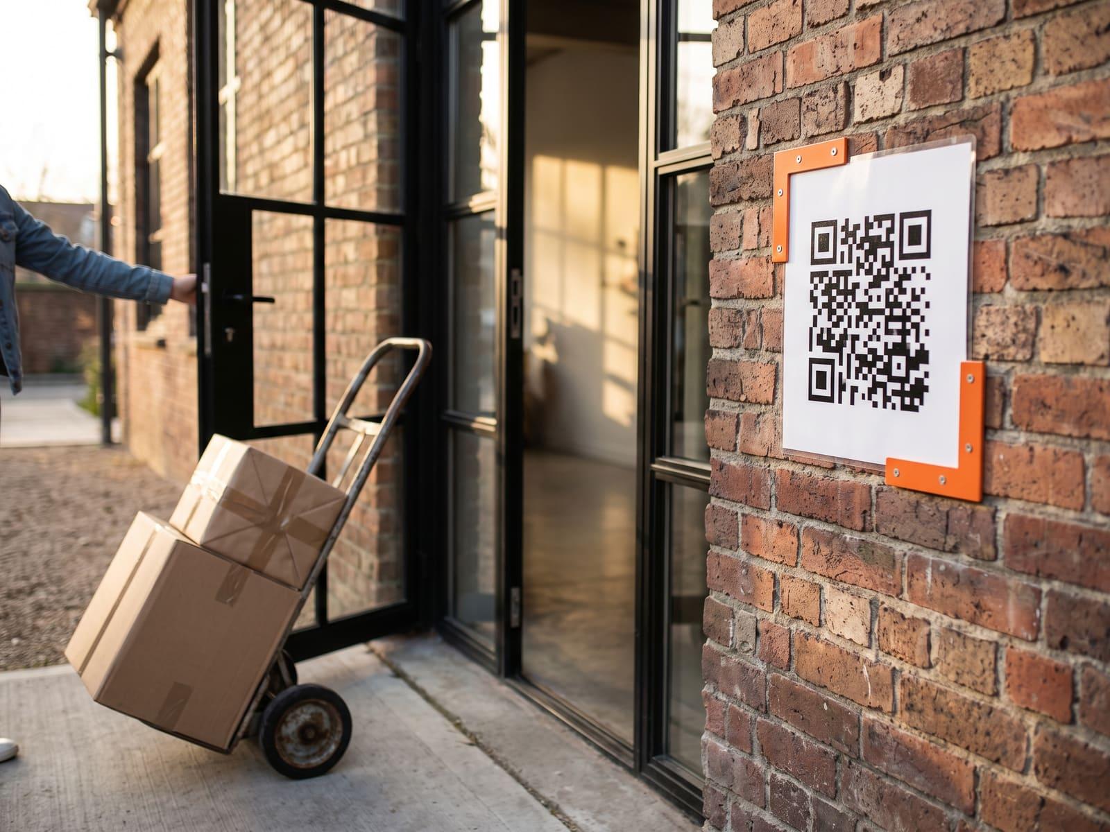 A laminated QR doorbell plate on the brick wall beside a studio’s glass door, parcels on a hand truck.