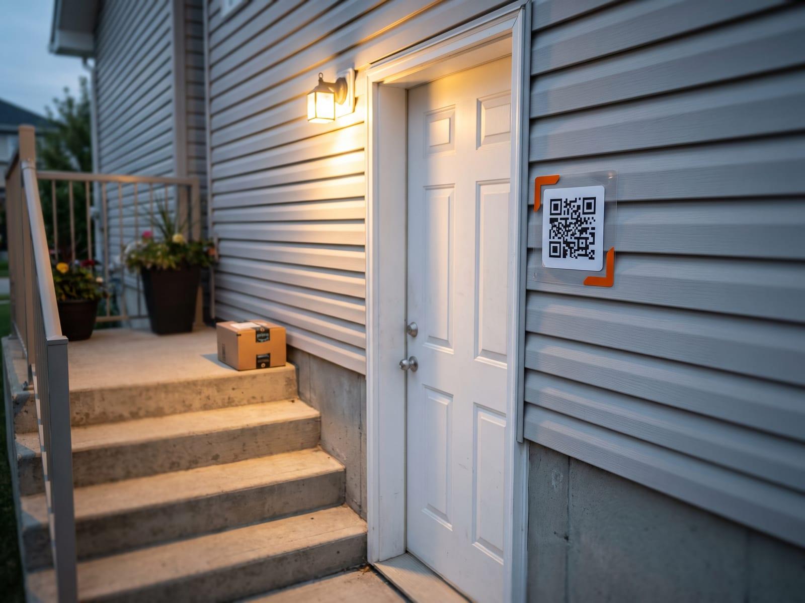 A laminated QR doorbell plate beside a basement suite’s side door, a parcel on the top step under the porch light.