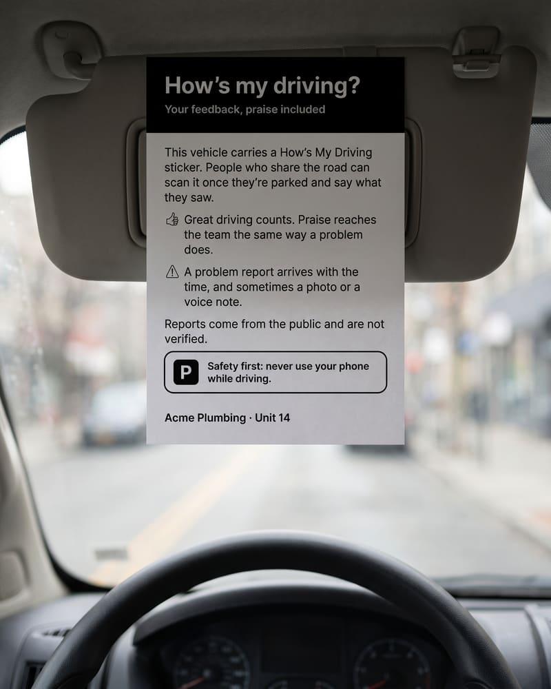 A printed card for the driver tucked into a van’s sun visor, explaining that praise counts too.