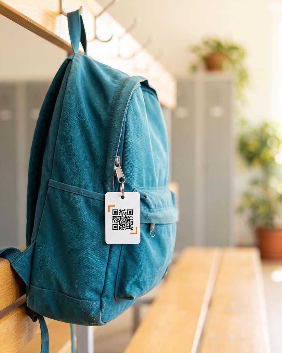 A school backpack with an iQR key tag clipped to its zip