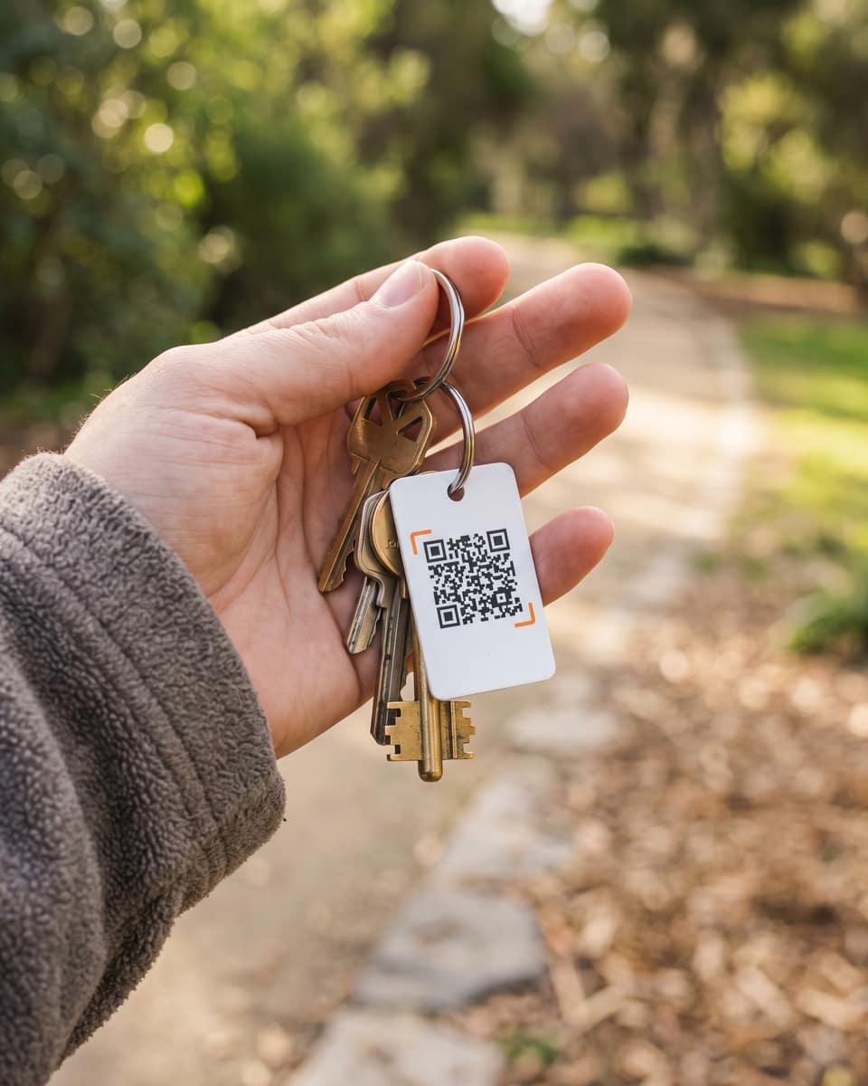 A hand holding a set of keys with an iQR key tag on a park path
