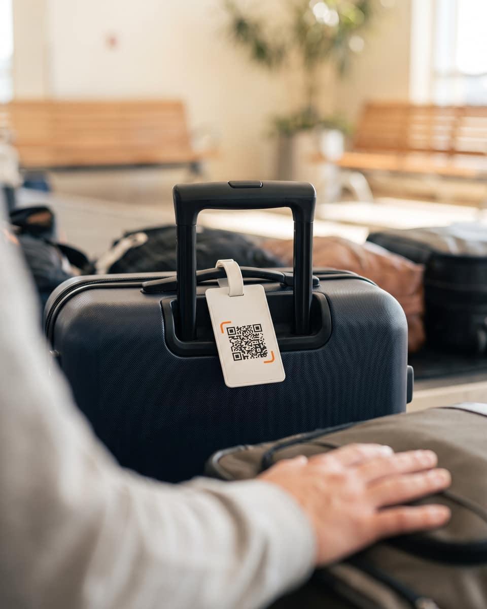 A suitcase on an airport carousel with an iQR tag on its handle
