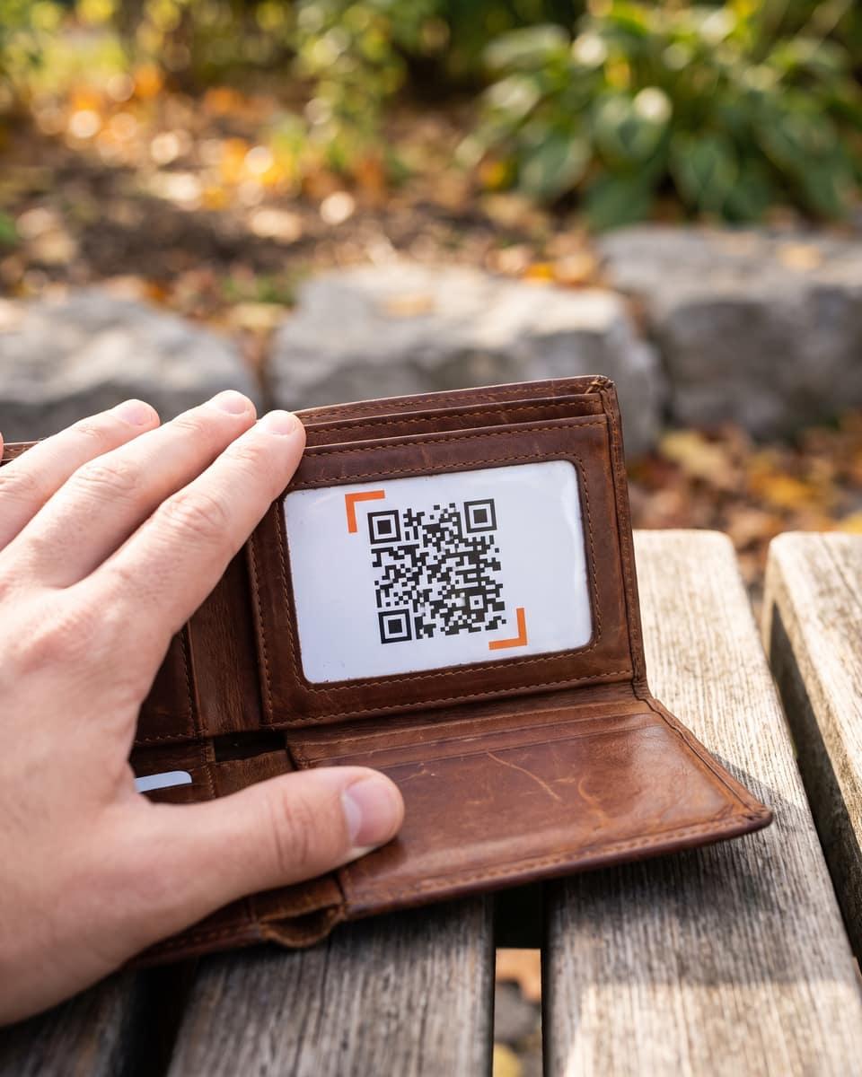 An open wallet on a park bench with an iQR card in its ID window