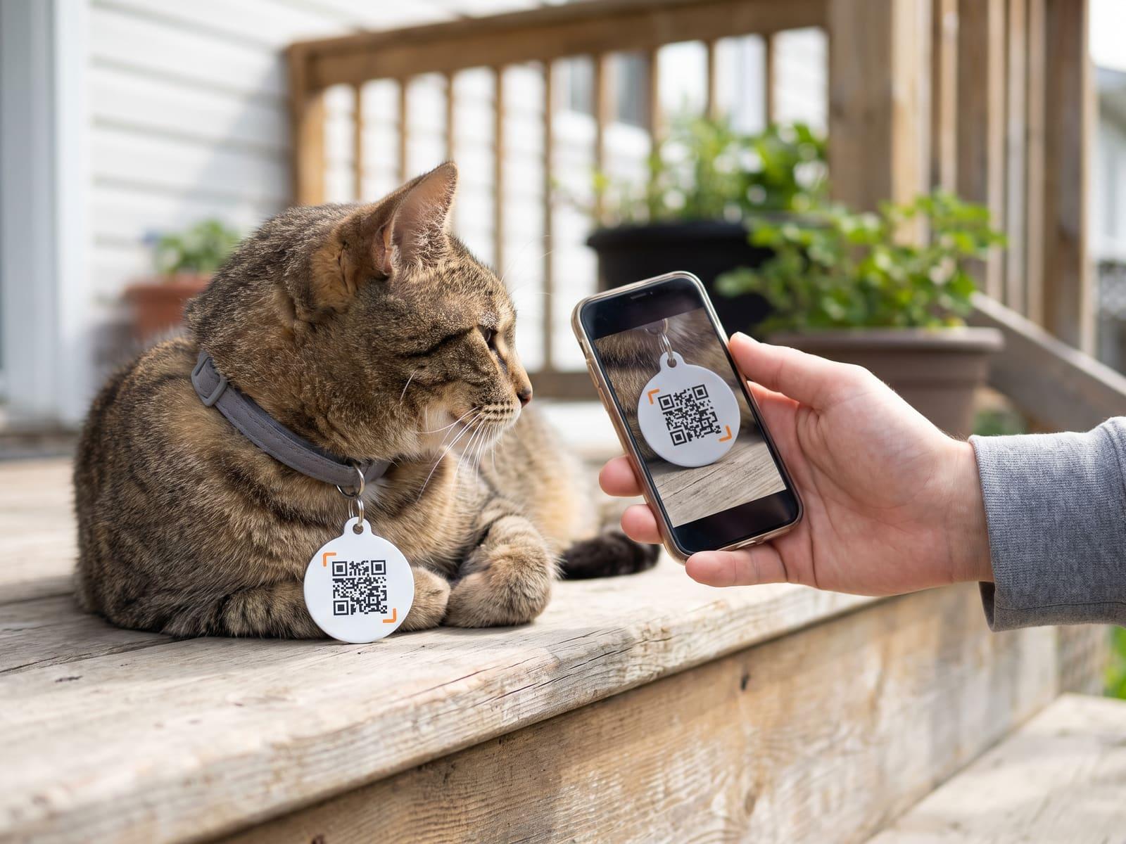 A tabby cat on a porch step with a round QR tag on its collar, and a hand holding a phone that shows the tag through the camera.