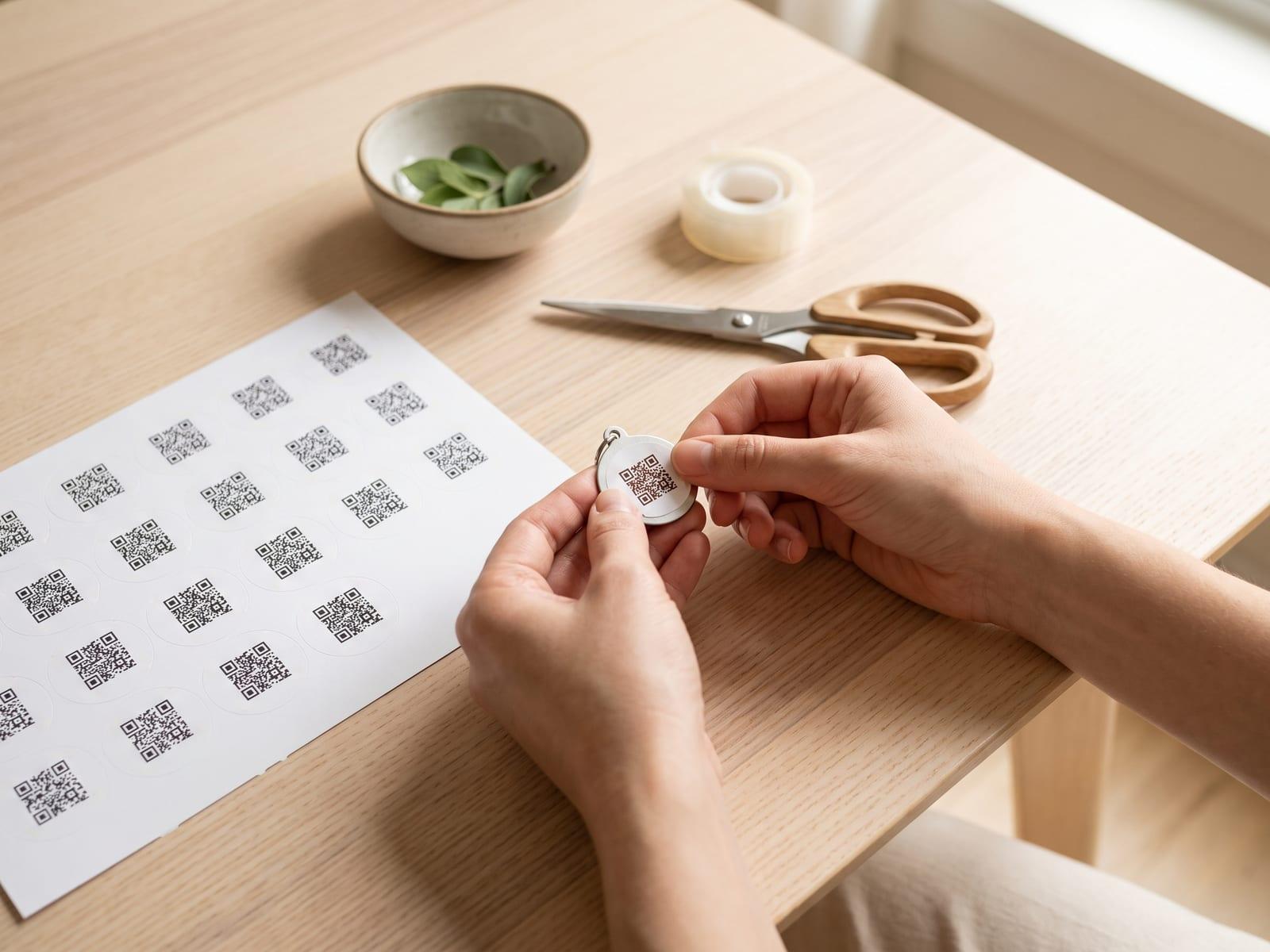 Hands pressing a printed round QR sticker onto a blank metal pet tag, next to a sheet of stickers, scissors and tape.