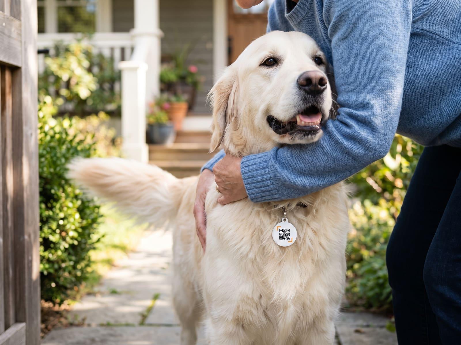 Arms in a blue sweater hugging a golden retriever at a garden gate, the round QR tag on its collar.