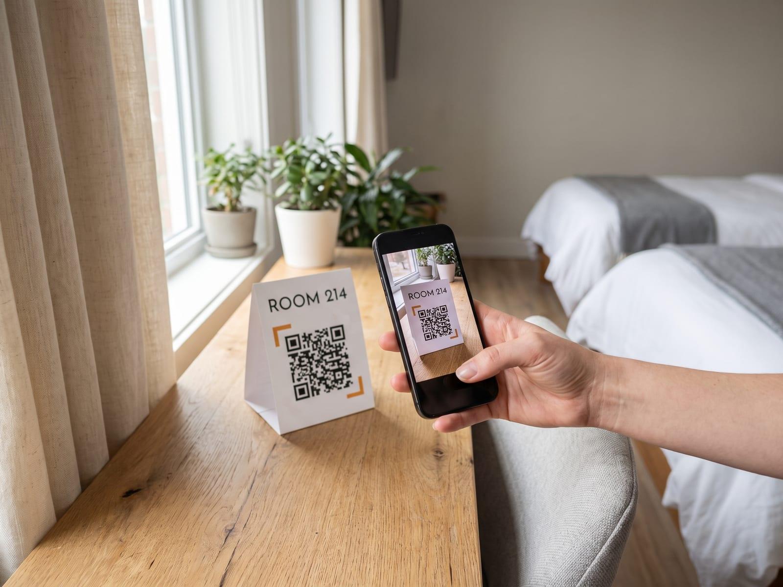 A housekeeping QR code on a tent card on a hotel room desk, a guest’s hand scanning it with a phone.