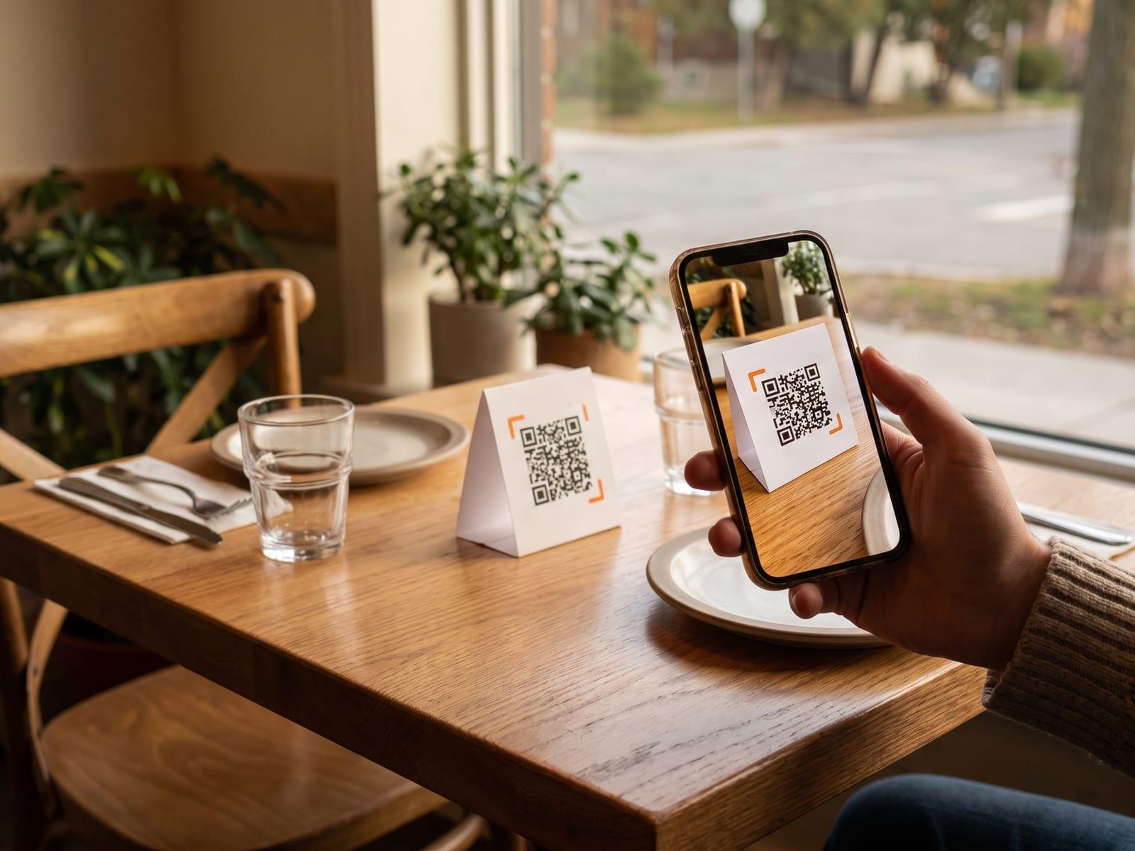 A QR code tent card on a restaurant table, a diner scanning it with a phone.