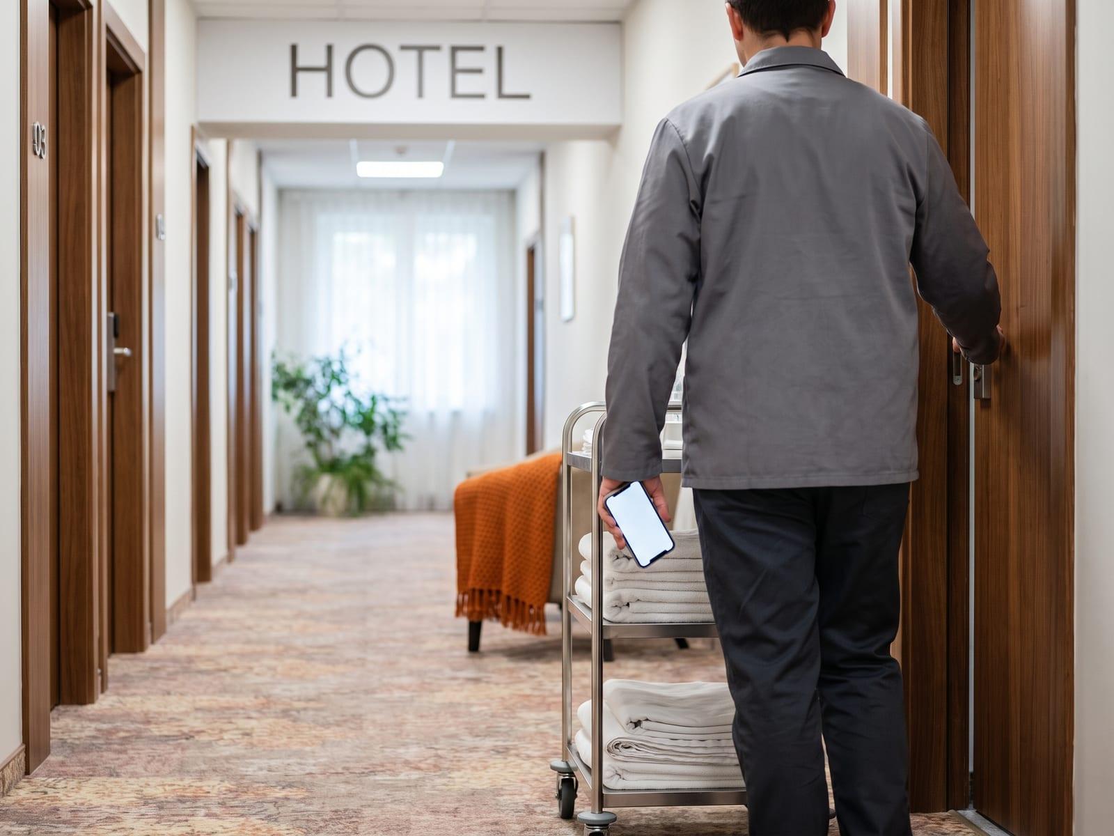 A housekeeper seen from behind arriving at a hotel room door with a cart of folded towels.