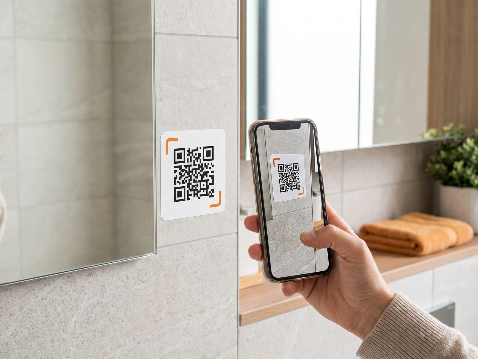 A restroom QR code sticker on the tiled wall beside a washroom mirror, being scanned with a phone.