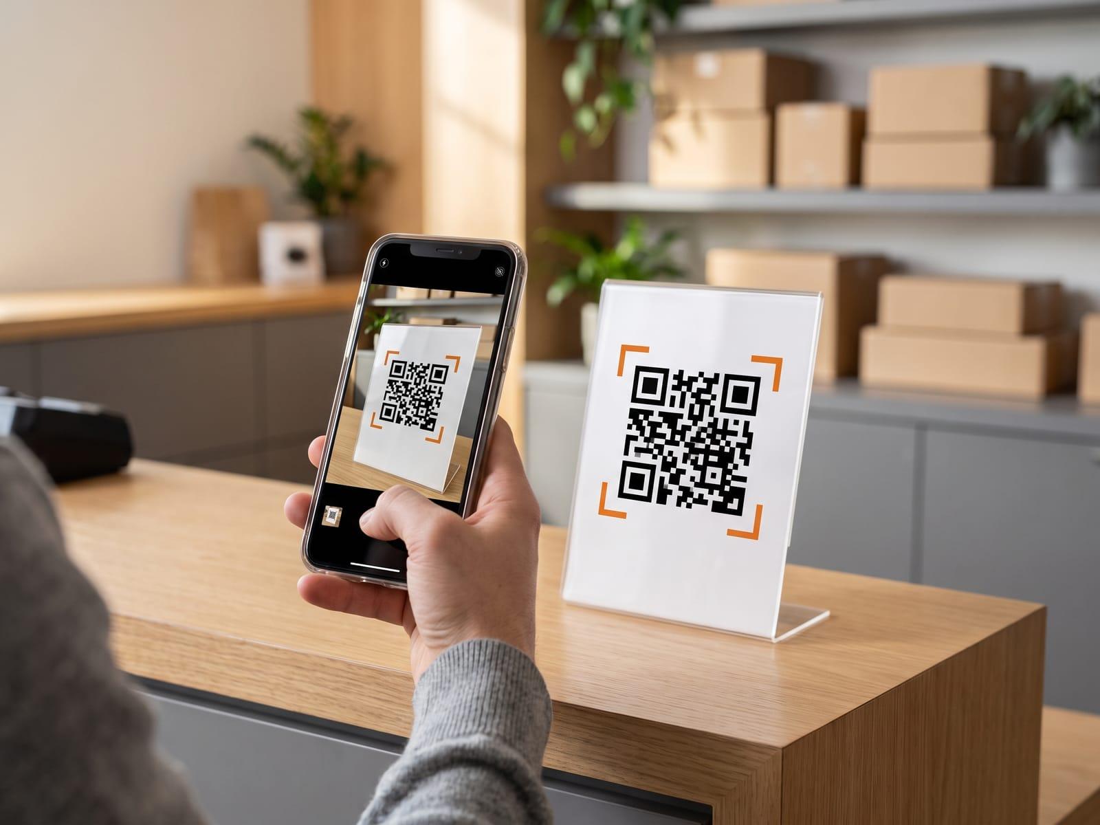 A customer scans a QR code tent card on an empty parts counter.