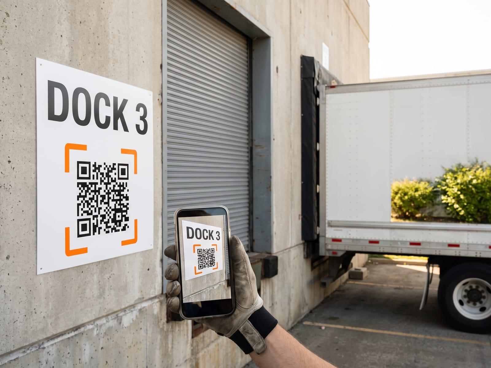 A gloved hand holds a phone up to a Dock 3 sign with a QR code beside a loading dock door.