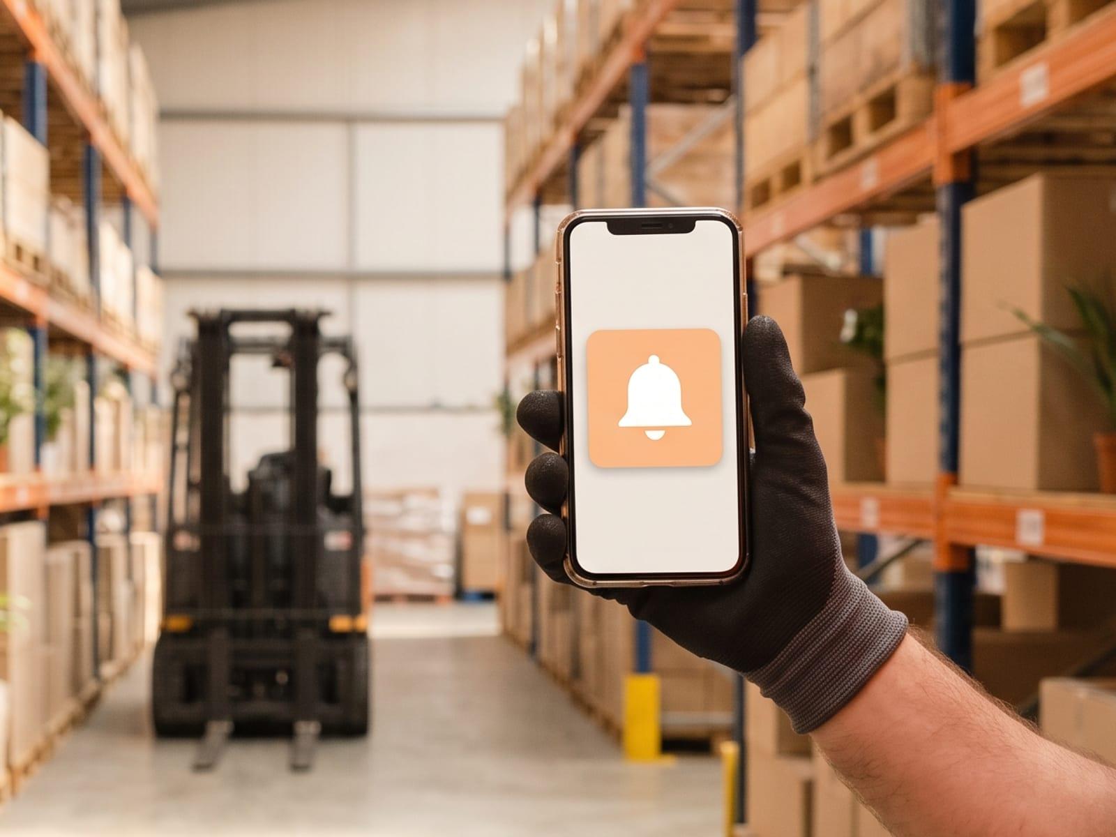 A warehouse worker’s gloved hand holds a phone showing a bell alert, a forklift in the aisle behind.
