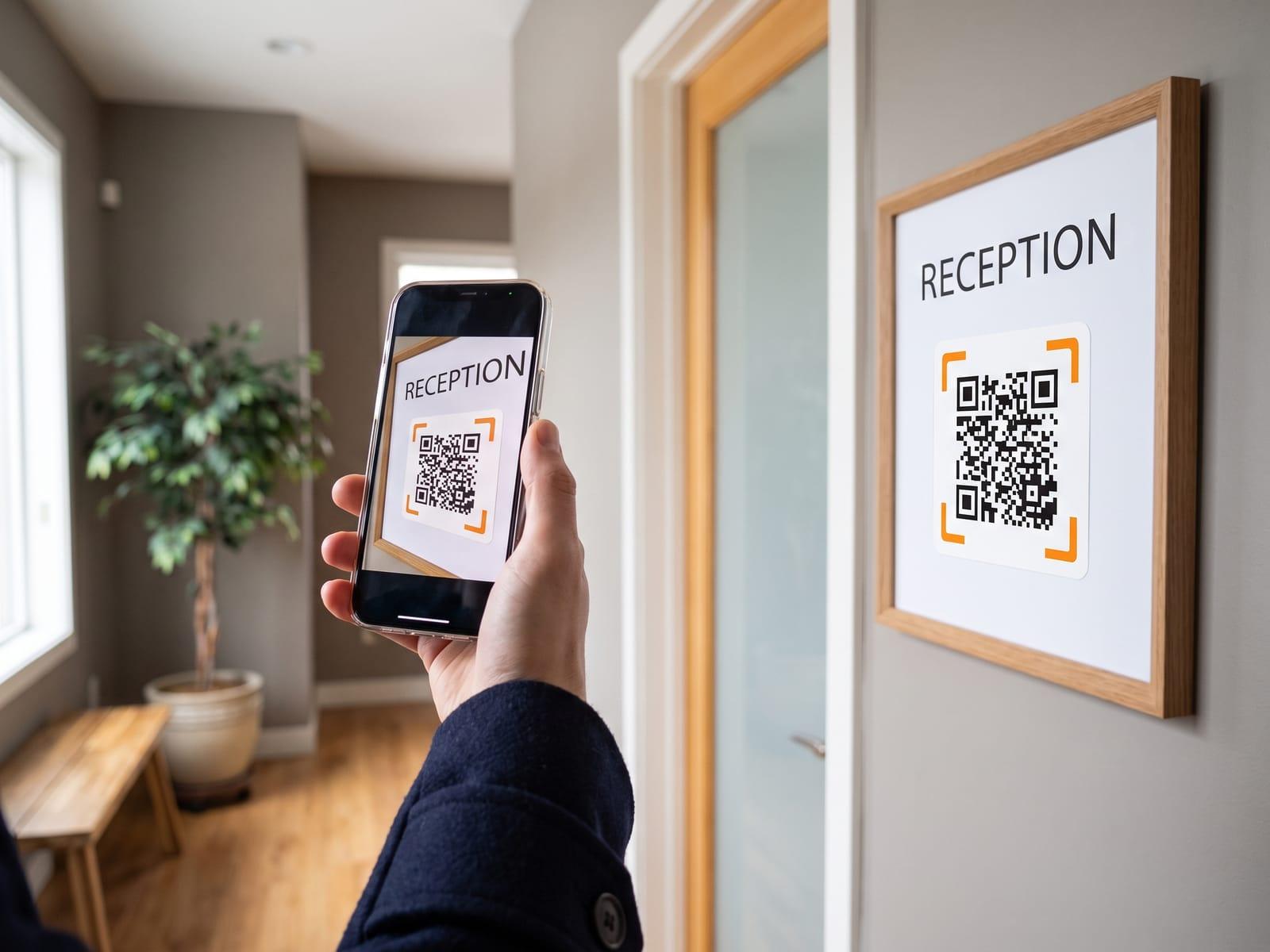 A visitor scans a framed Reception sign with a QR code beside an office door.