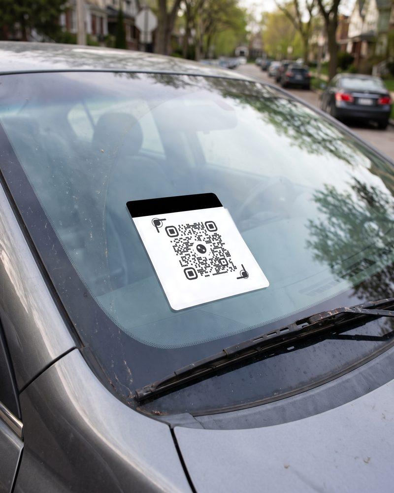 A square QR sticker inside the windshield of a grey car