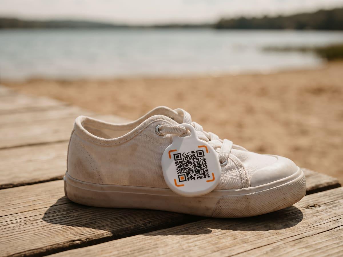A child’s white sneaker with a small iQR code tag threaded on the laces, on a lakeside boardwalk.