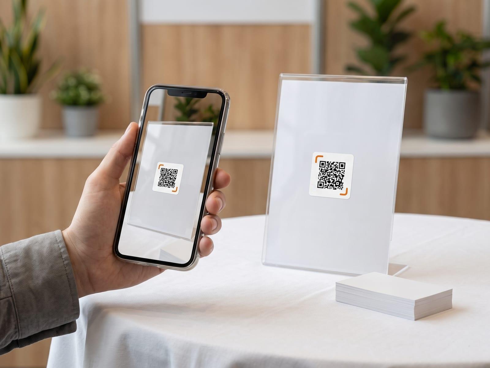At an event table, a hand holds up a phone showing the camera view of the iQR code on a clear acrylic table sign, beside a stack of business cards.