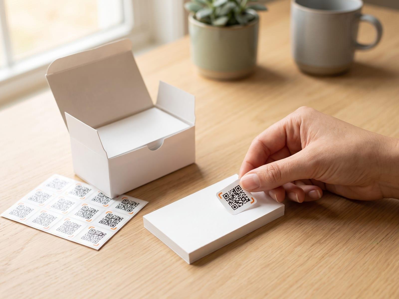 A hand presses a small iQR code sticker onto the back of a business card, beside an open box of cards and a sheet of stickers.