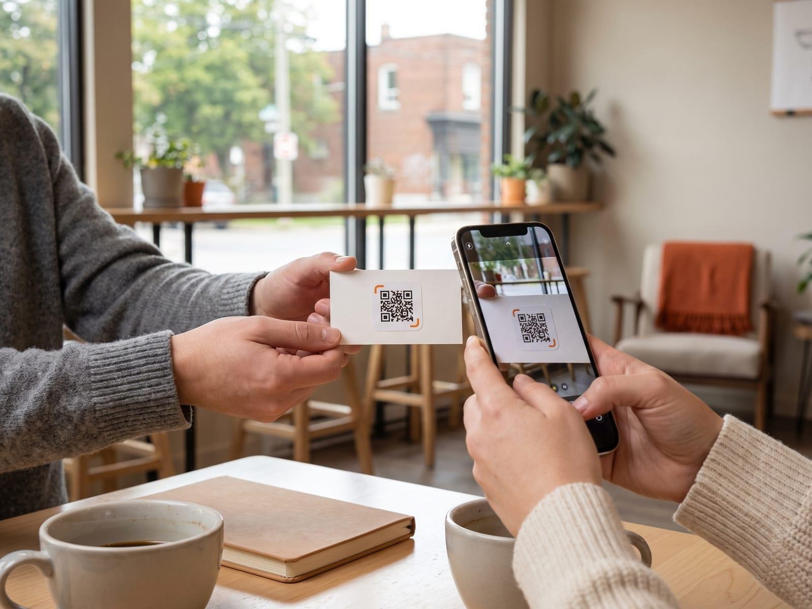 Across a café table, one hand holds out a business card with an iQR code sticker on the back while another hand holds up a phone whose camera shows the code.