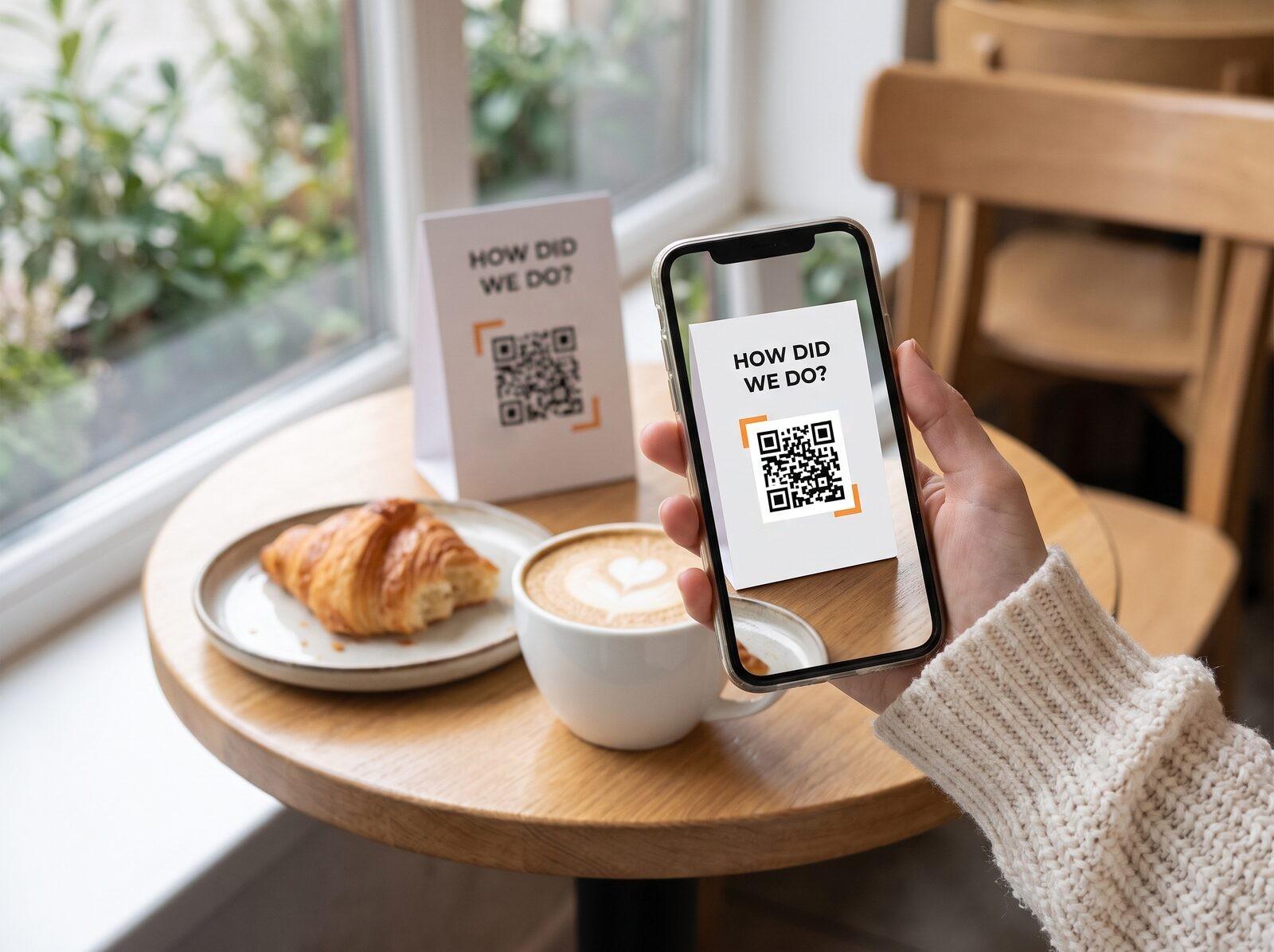 A “How did we do?” card with a QR code on a café table, a guest scanning it with a phone