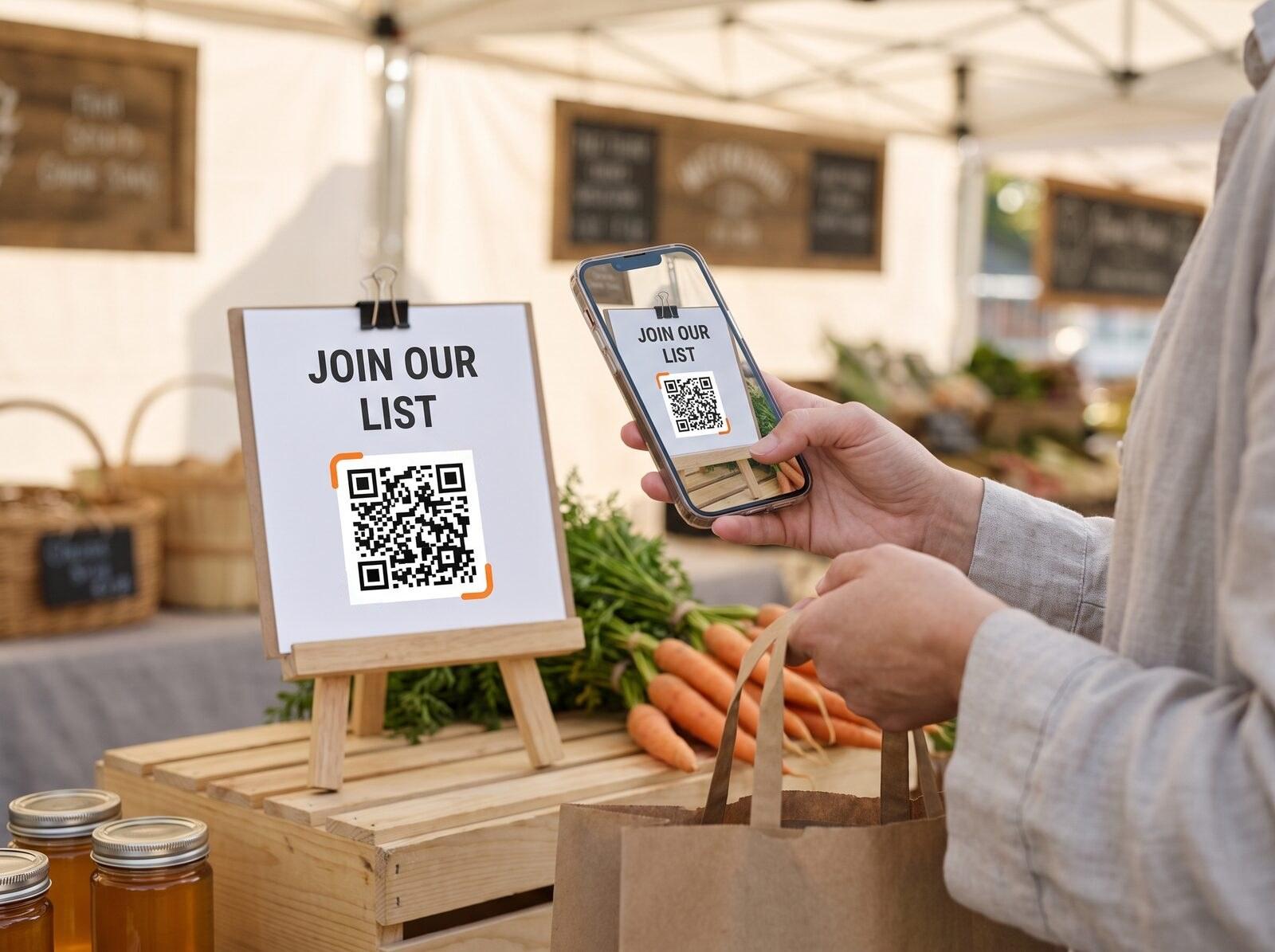 A “Join our list” card with a QR code at a market stall, a shopper scanning it with a phone