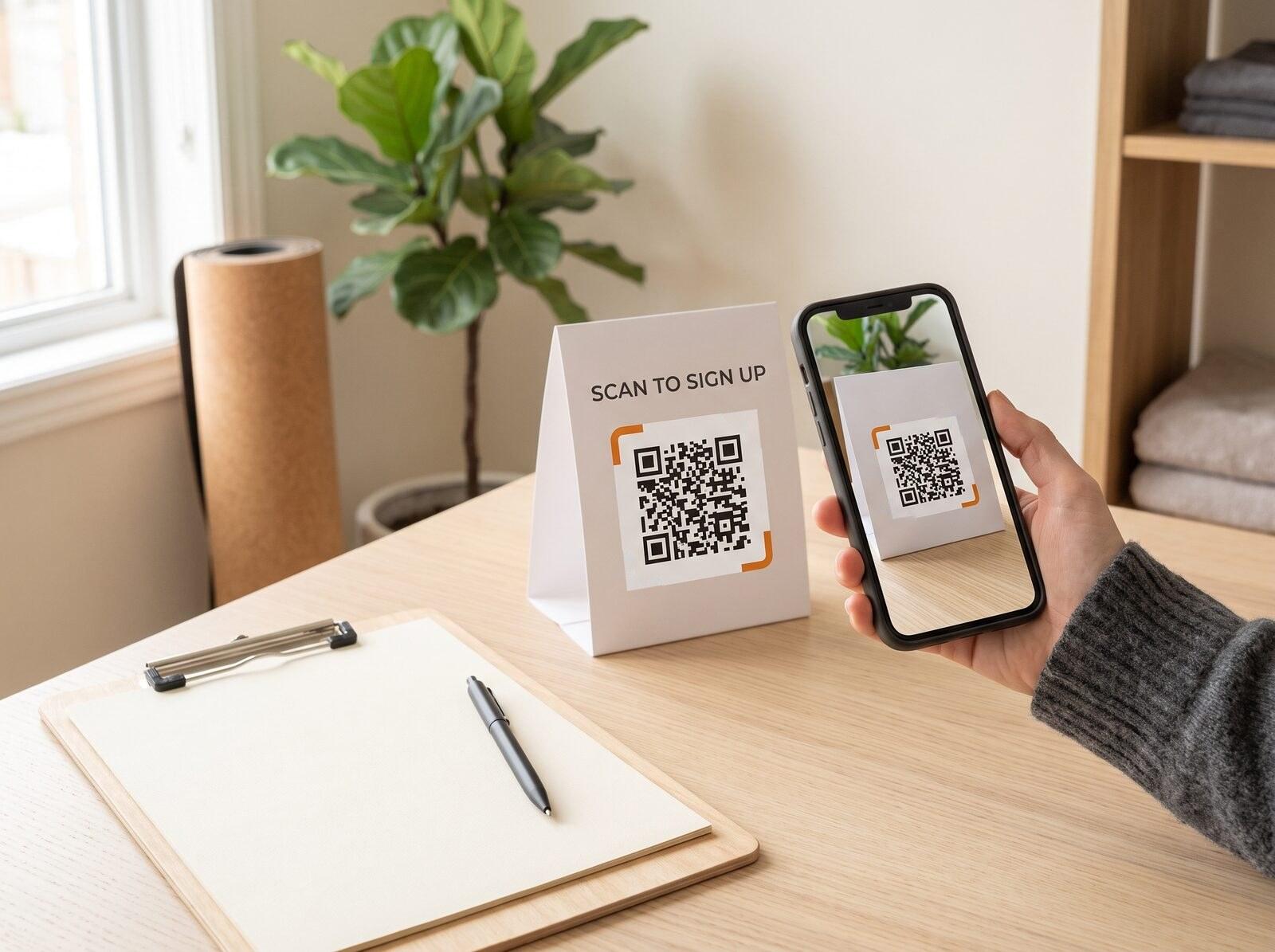 A “Scan to sign up” card with a QR code on a yoga studio desk, a phone held up to scan it
