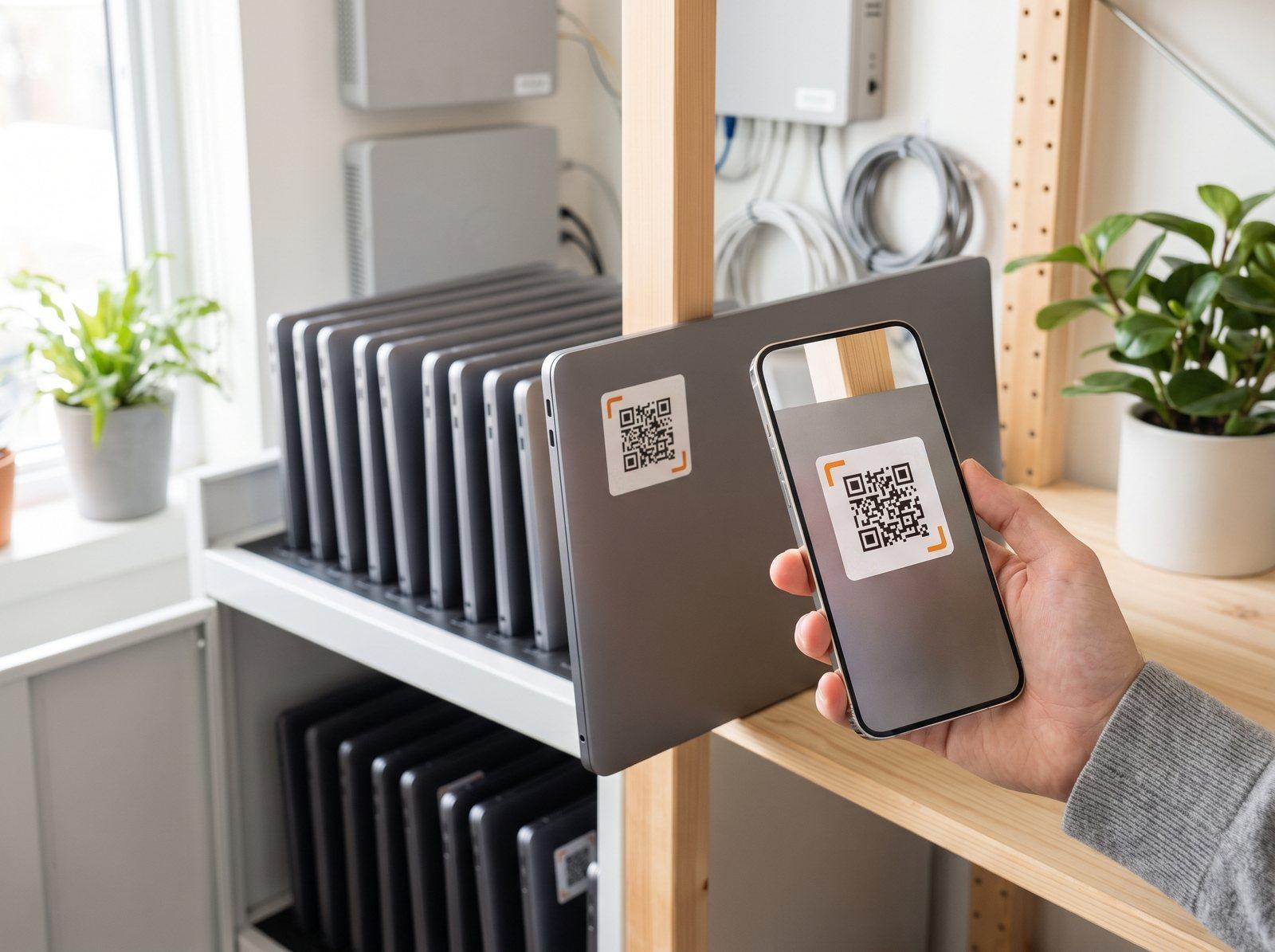 A phone scans the QR asset tag on a laptop pulled from a charging cart