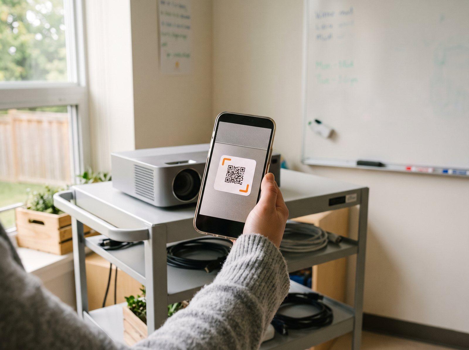A phone camera pointed at the QR asset tag on a classroom projector cart