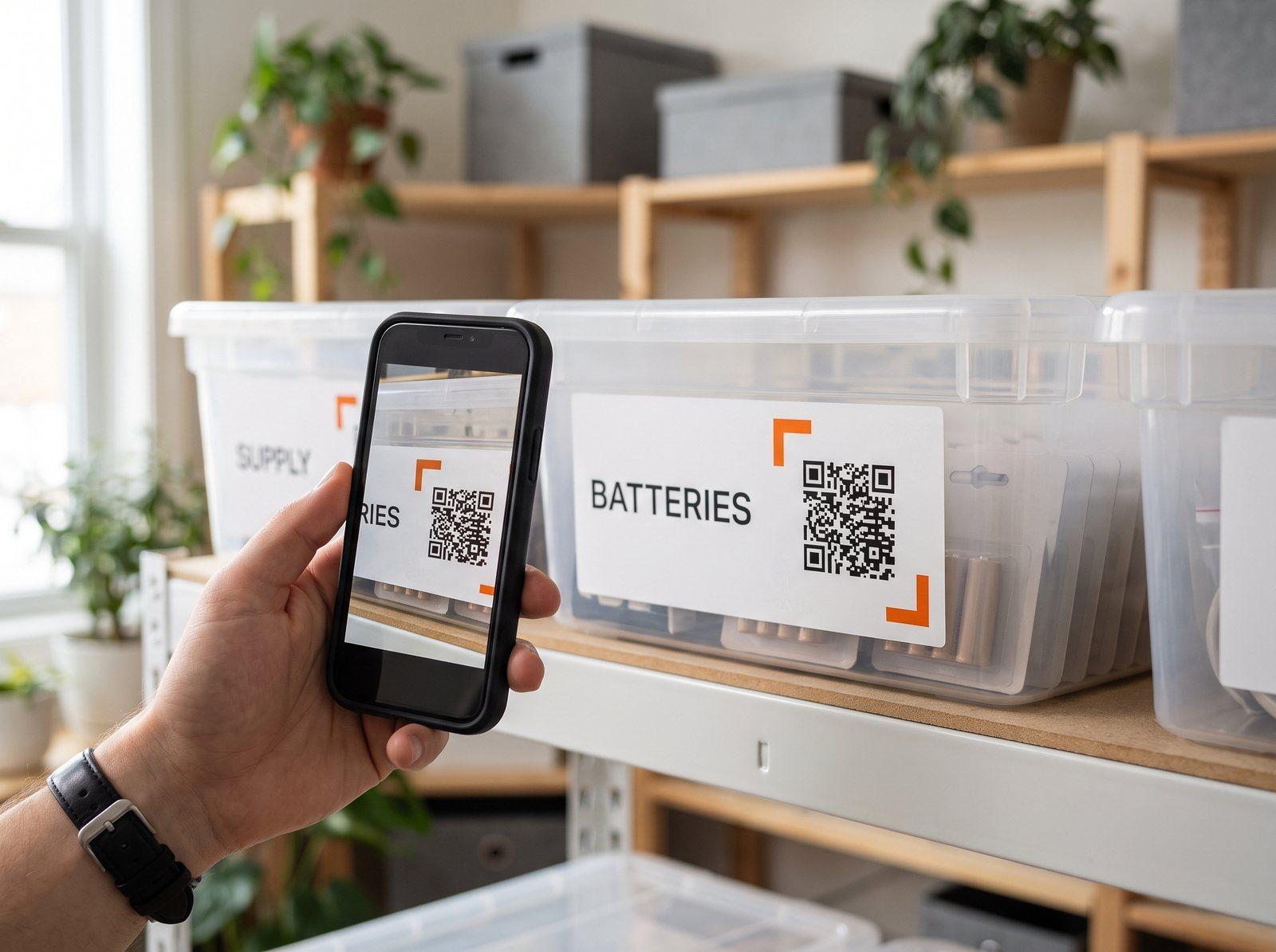 A phone scans the QR label on a supply bin of batteries in a stockroom