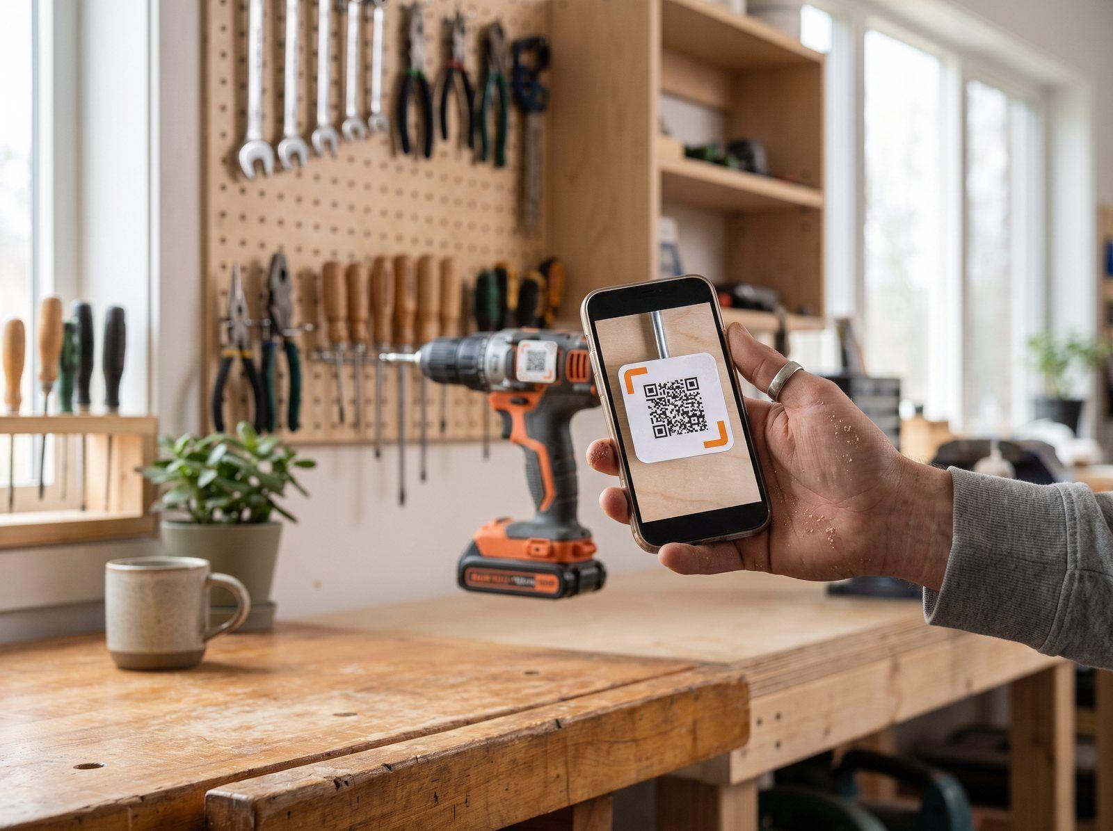 A hand scans the QR tag on a cordless drill hanging on a workshop tool wall
