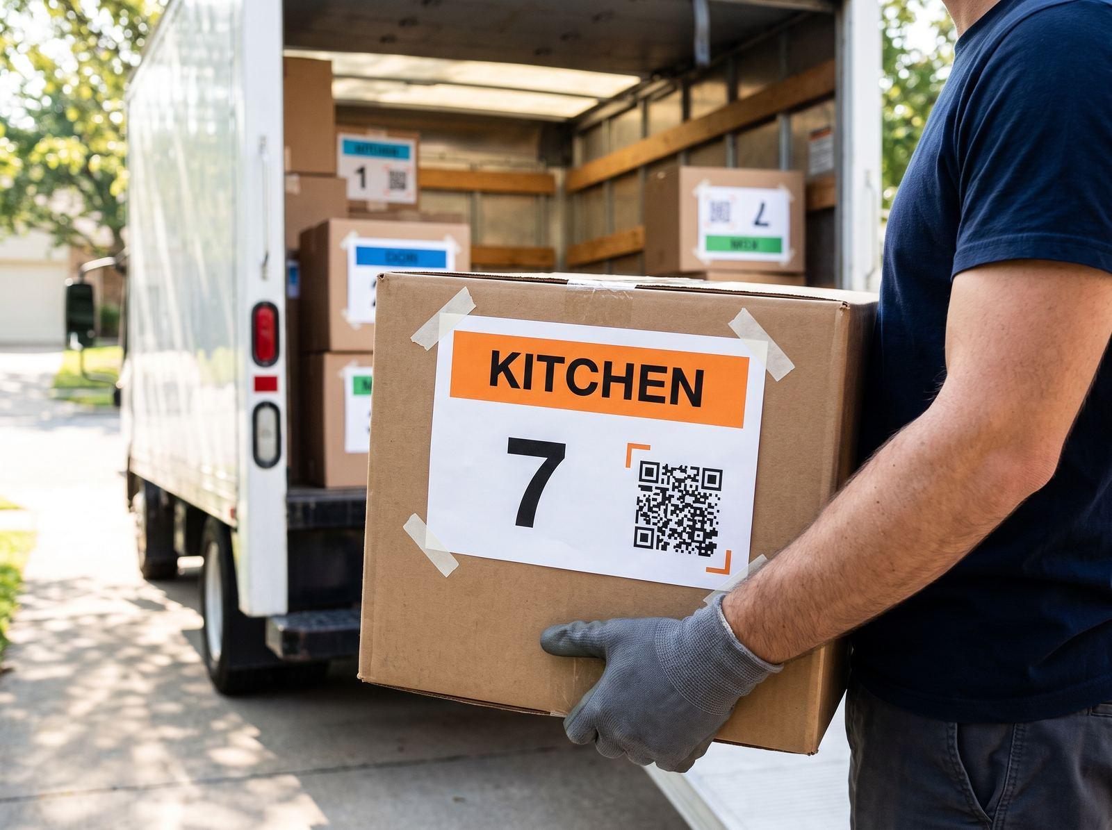 A helper in work gloves carries the Kitchen box 7 out of a moving truck