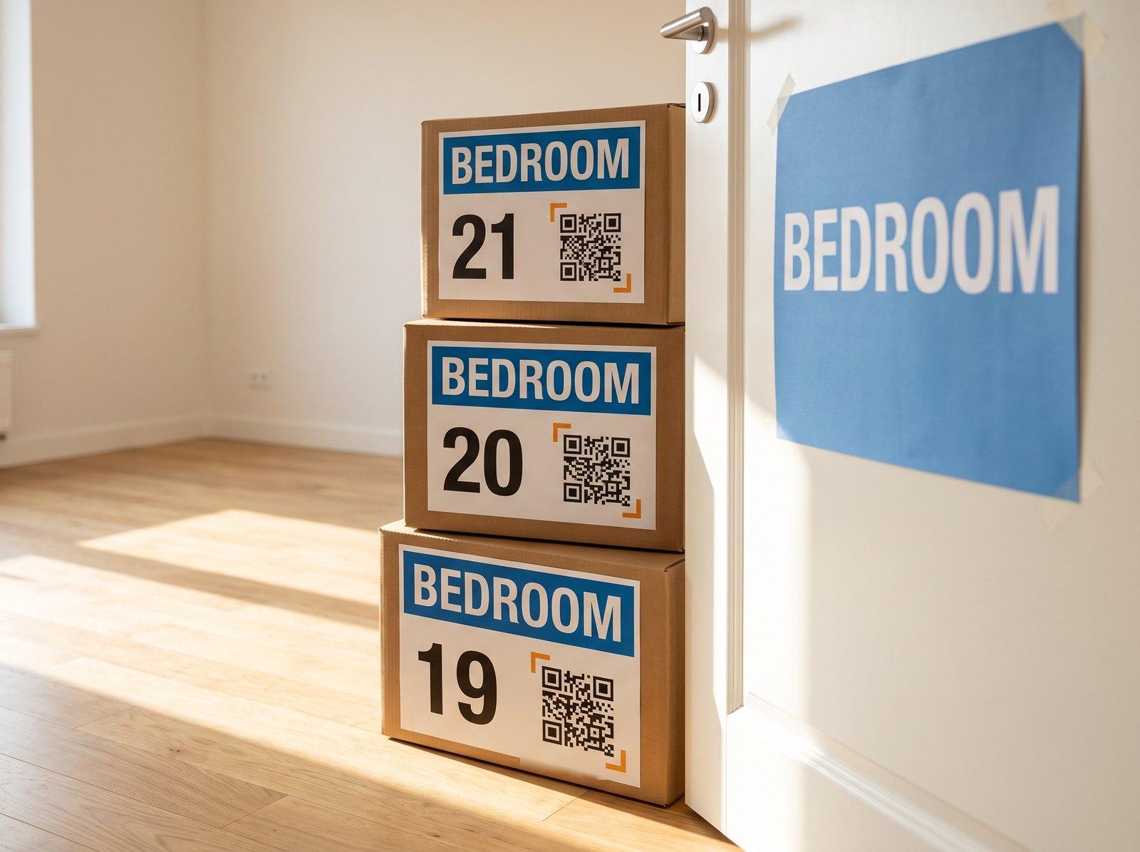 Bedroom boxes 19, 20 and 21 stacked beside a door with a blue Bedroom sign