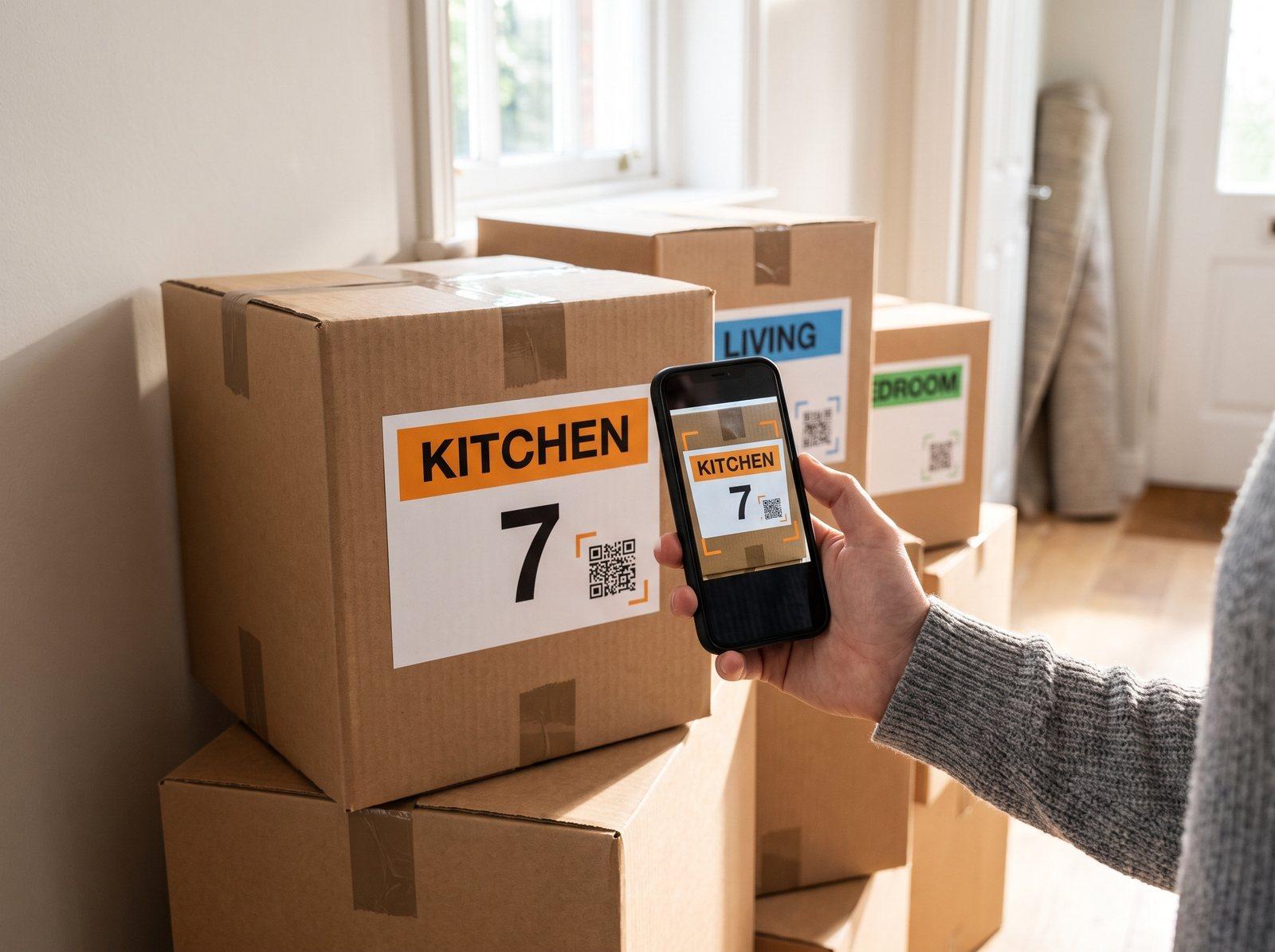 A hand points a phone camera at a printed Kitchen box 7 label on a stack of moving boxes