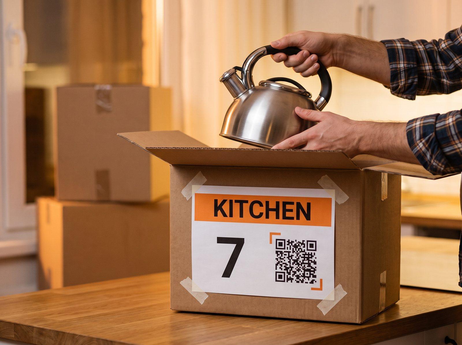 Two hands lift a kettle out of the opened Kitchen box 7 on a kitchen counter