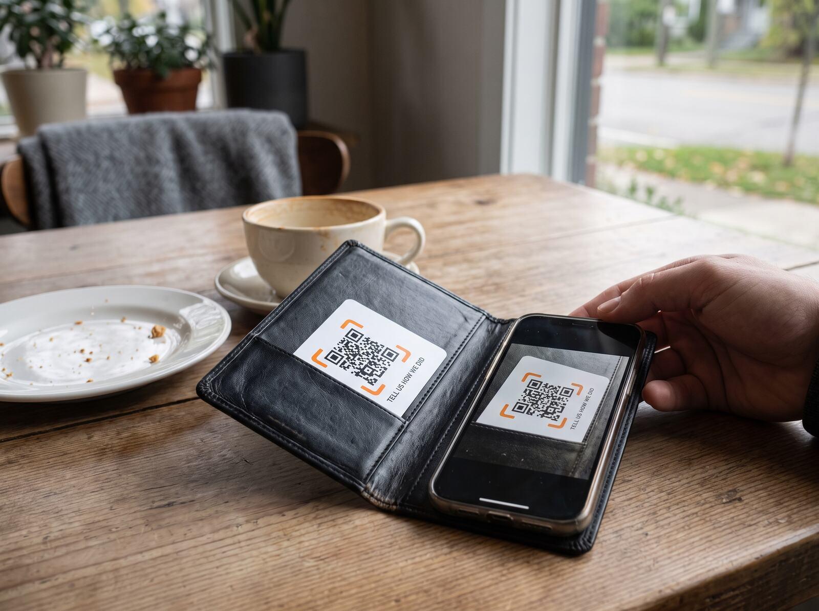 A phone camera pointed at a review QR code card tucked in a café bill folder