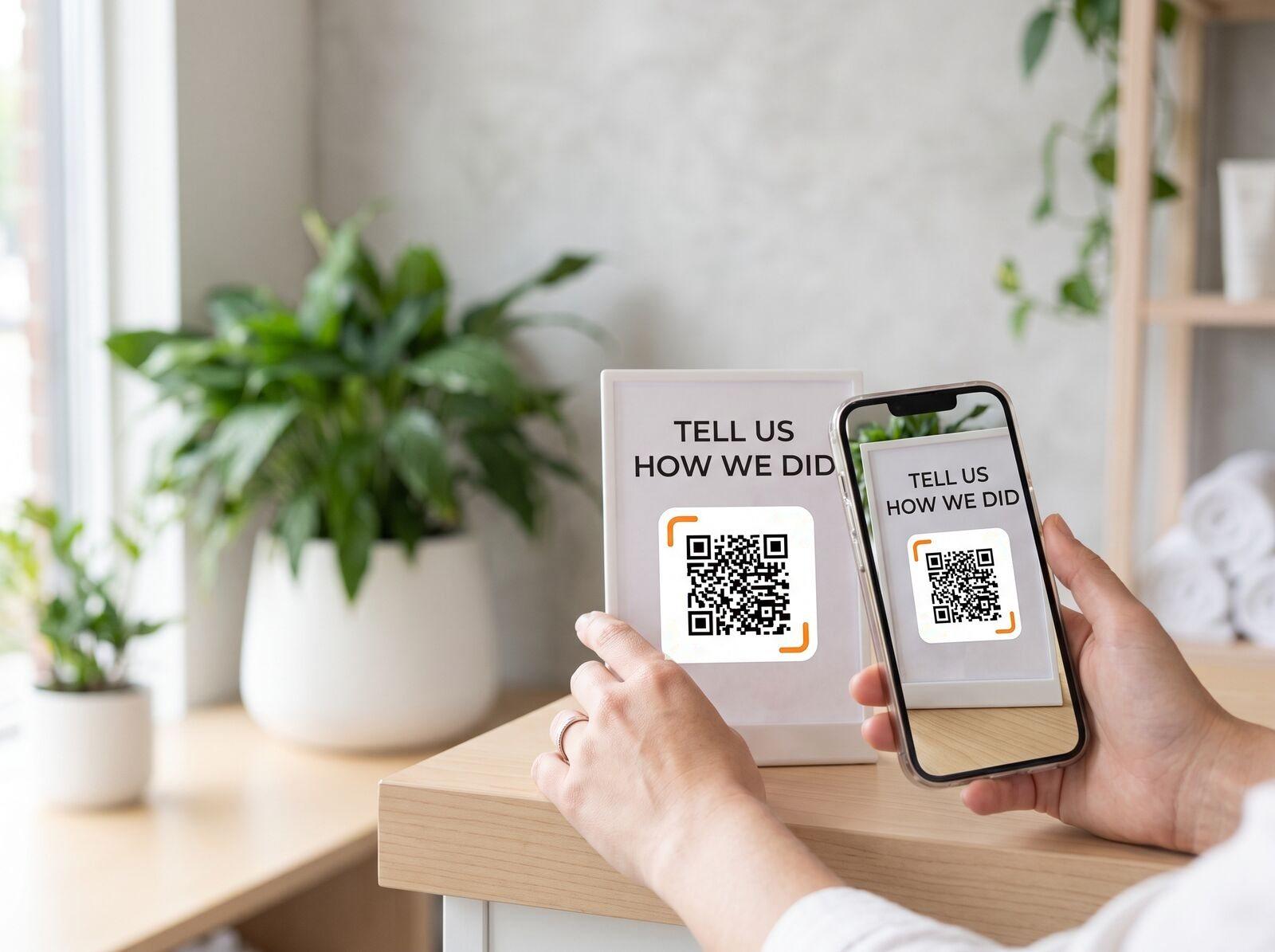 A hand scans a “Tell us how we did” QR sign on a salon counter