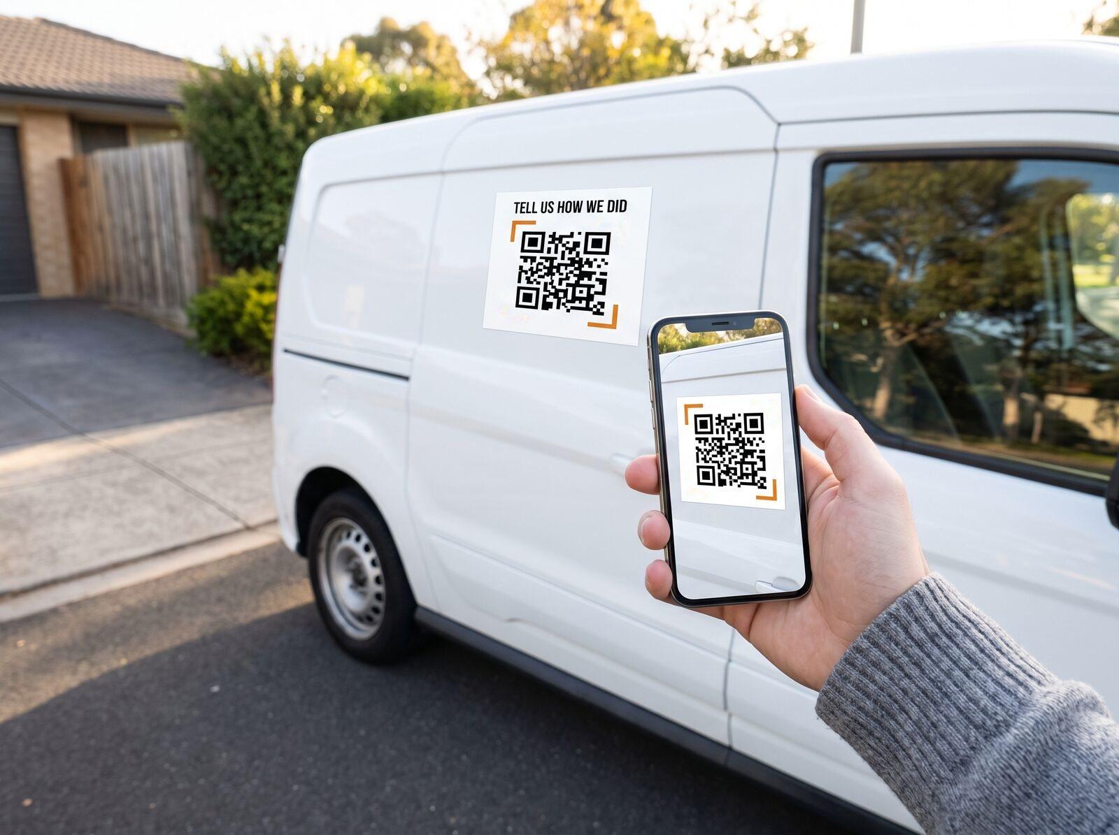 A homeowner scans a “Tell us how we did” QR sticker on a service van door