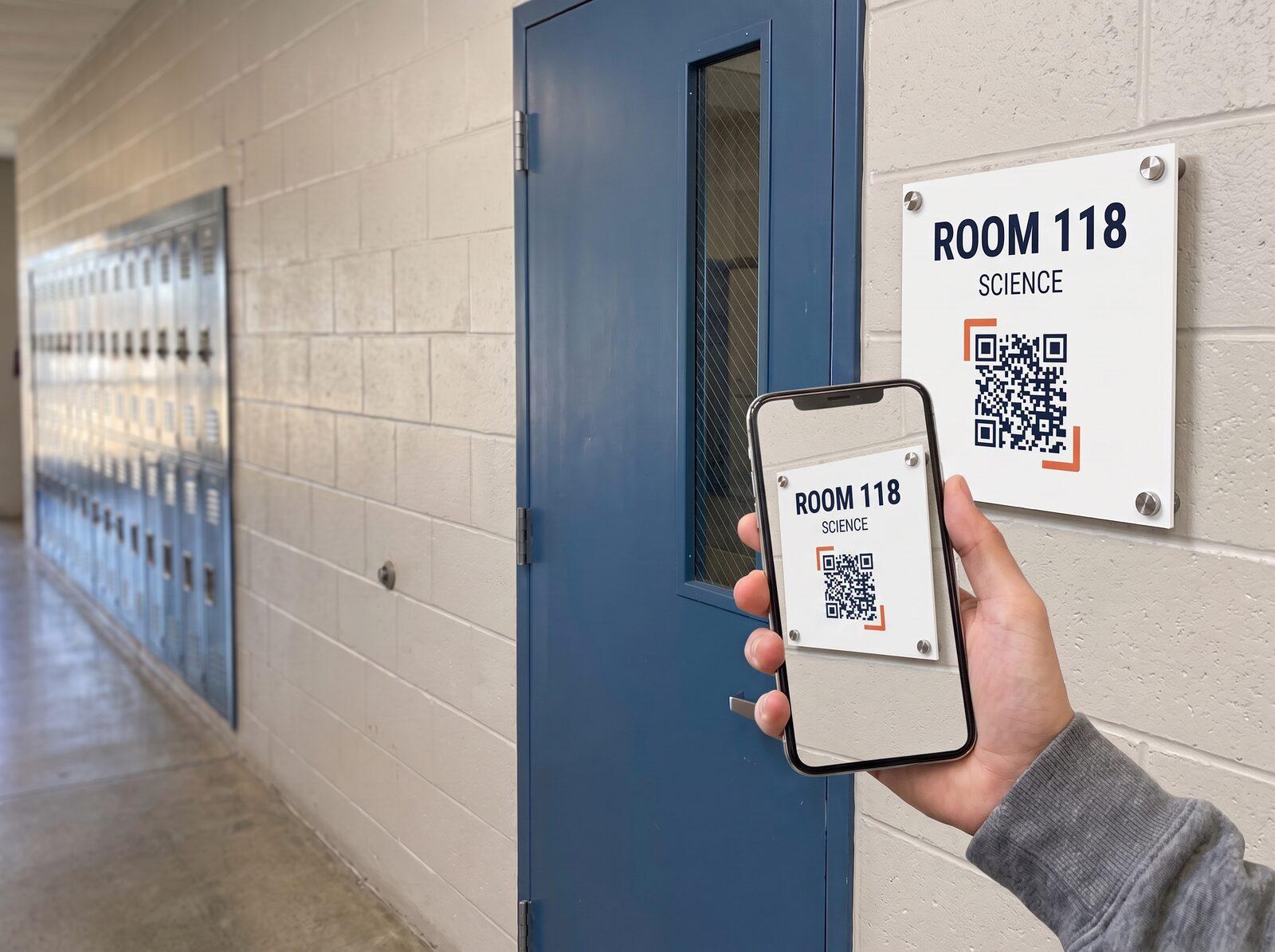 A hand scans the code on a white acrylic Room 118 Science sign beside a high-school classroom door