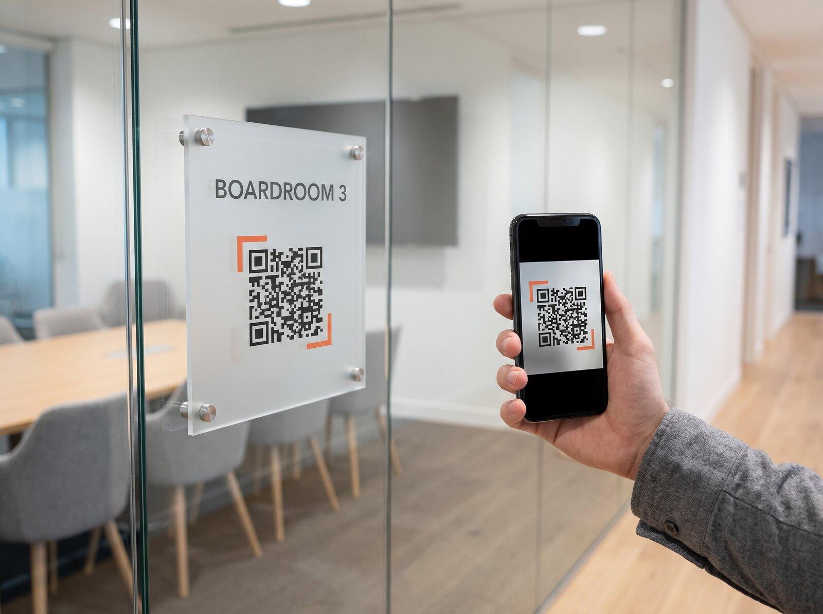 A phone camera pointed at the code on a frosted acrylic Boardroom 3 sign mounted on a meeting room’s glass wall