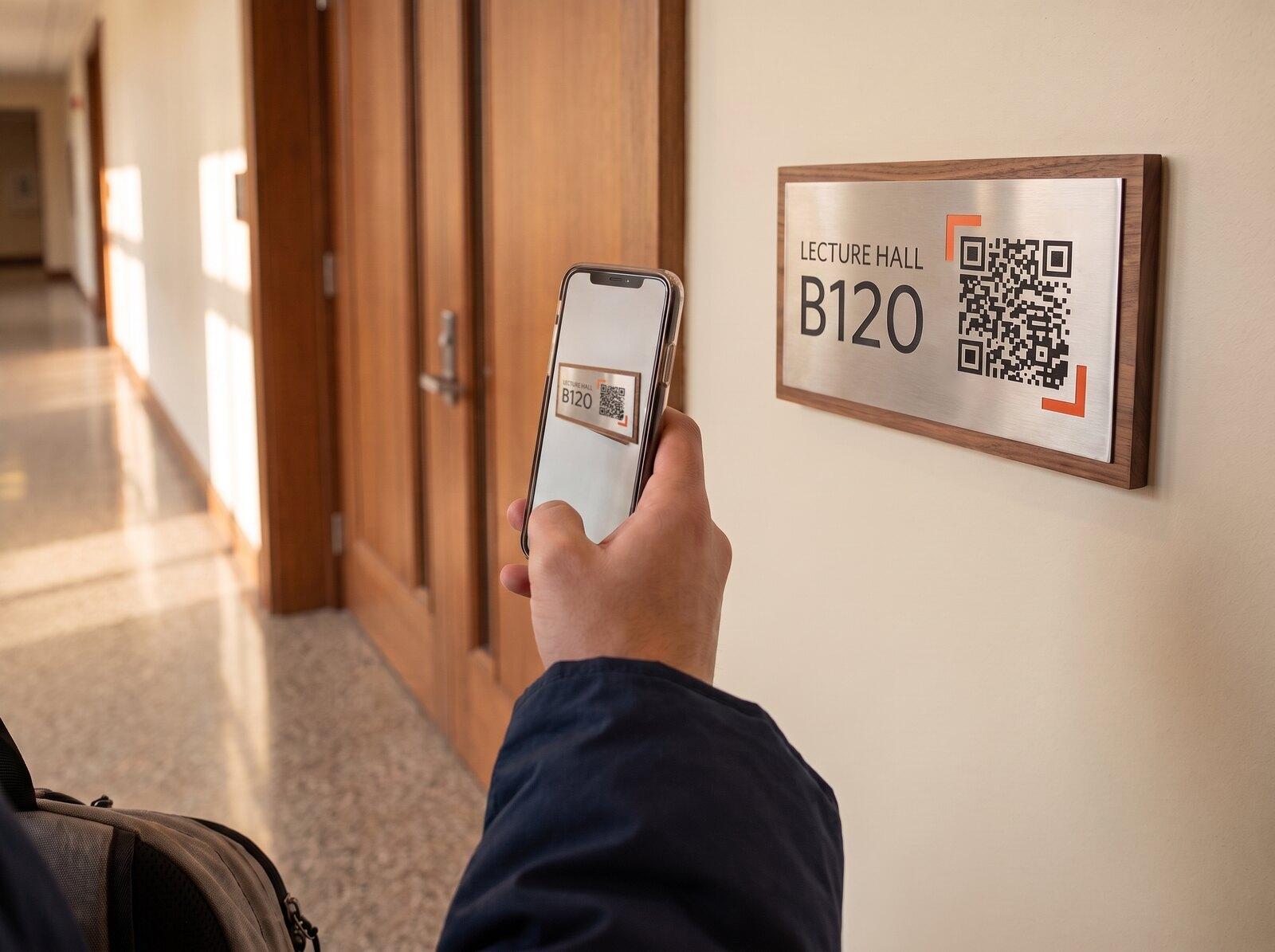 A student’s hand scans the code on an aluminium and walnut Lecture Hall B120 plate beside the doors