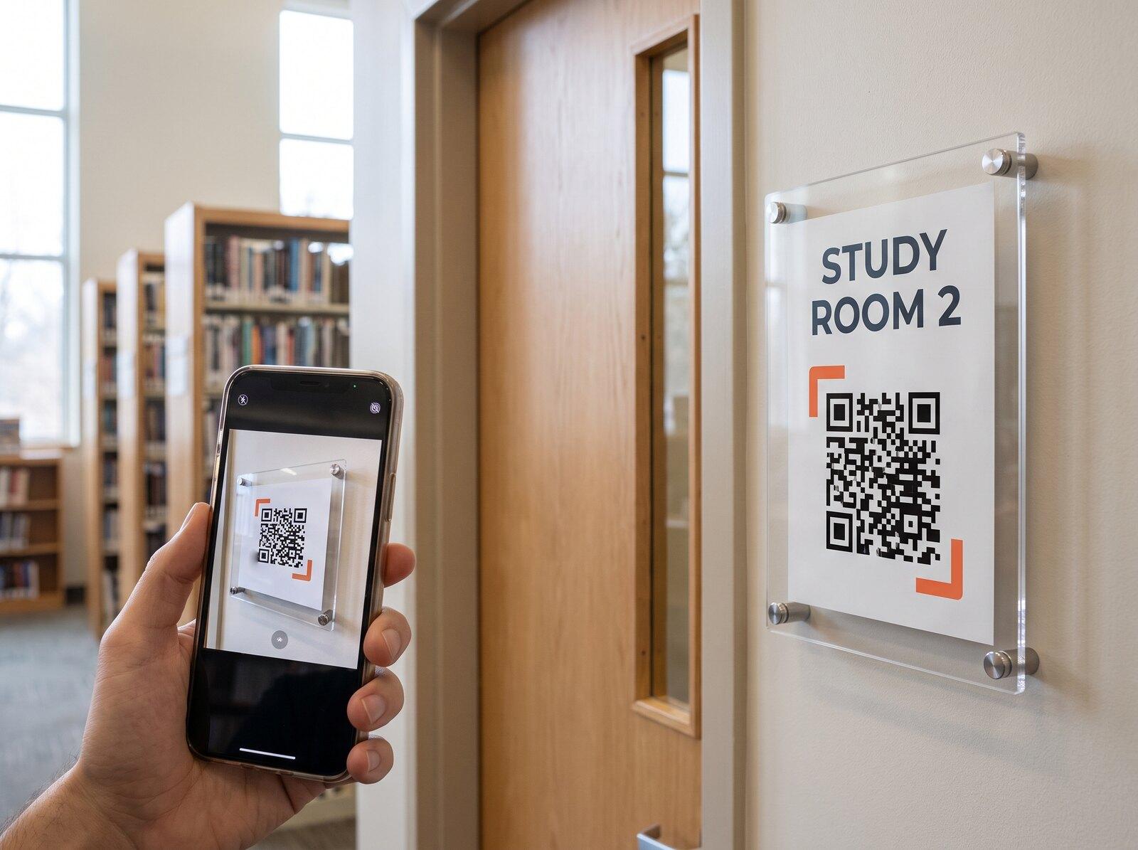 A hand scans the code in an acrylic sign holder beside a library’s Study Room 2 door