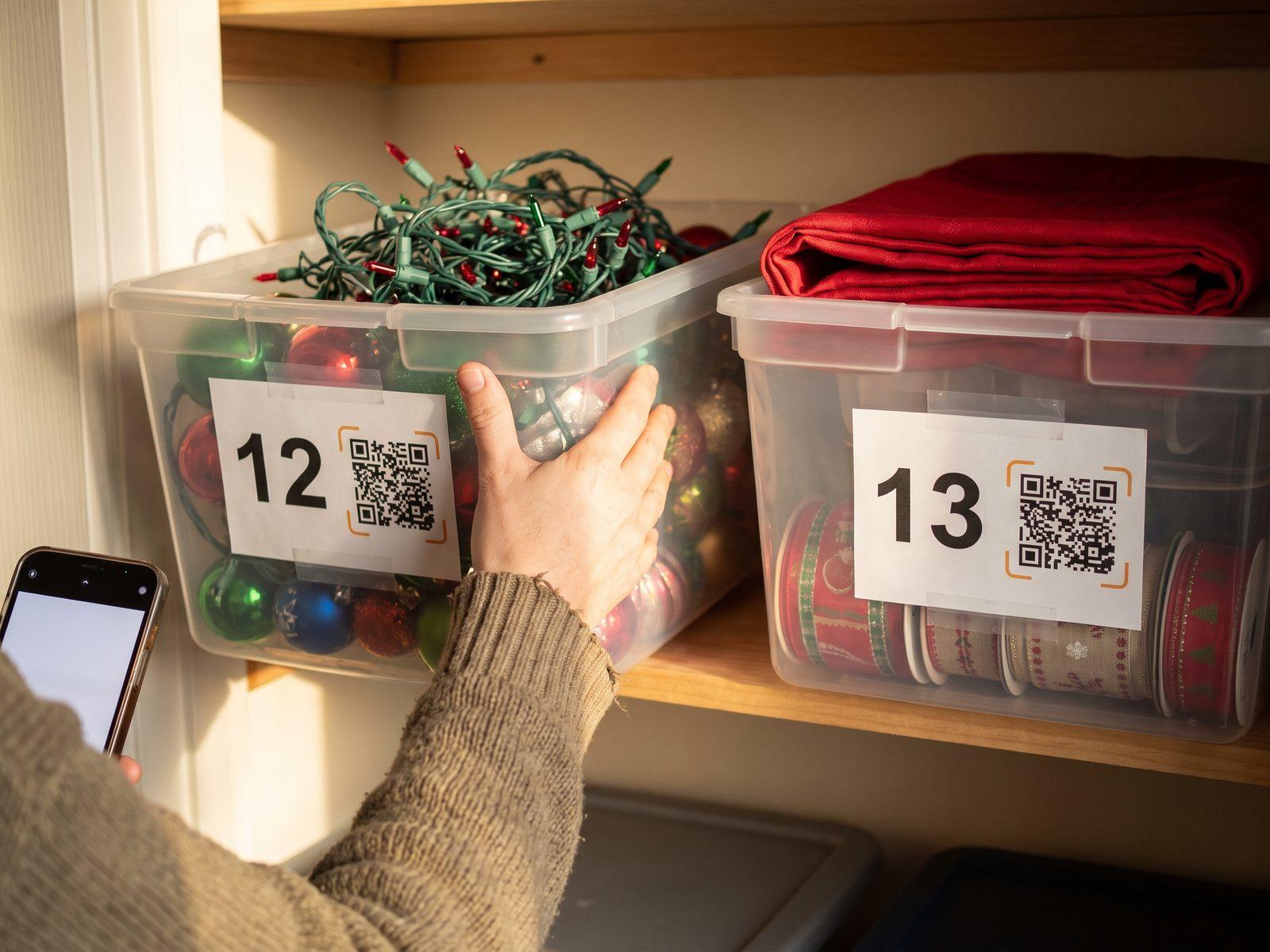 Two clear bins on a closet shelf, one of ornaments and string lights, one of ribbon and a red tablecloth, labelled 12 and 13; a hand pulls bin 12 out.