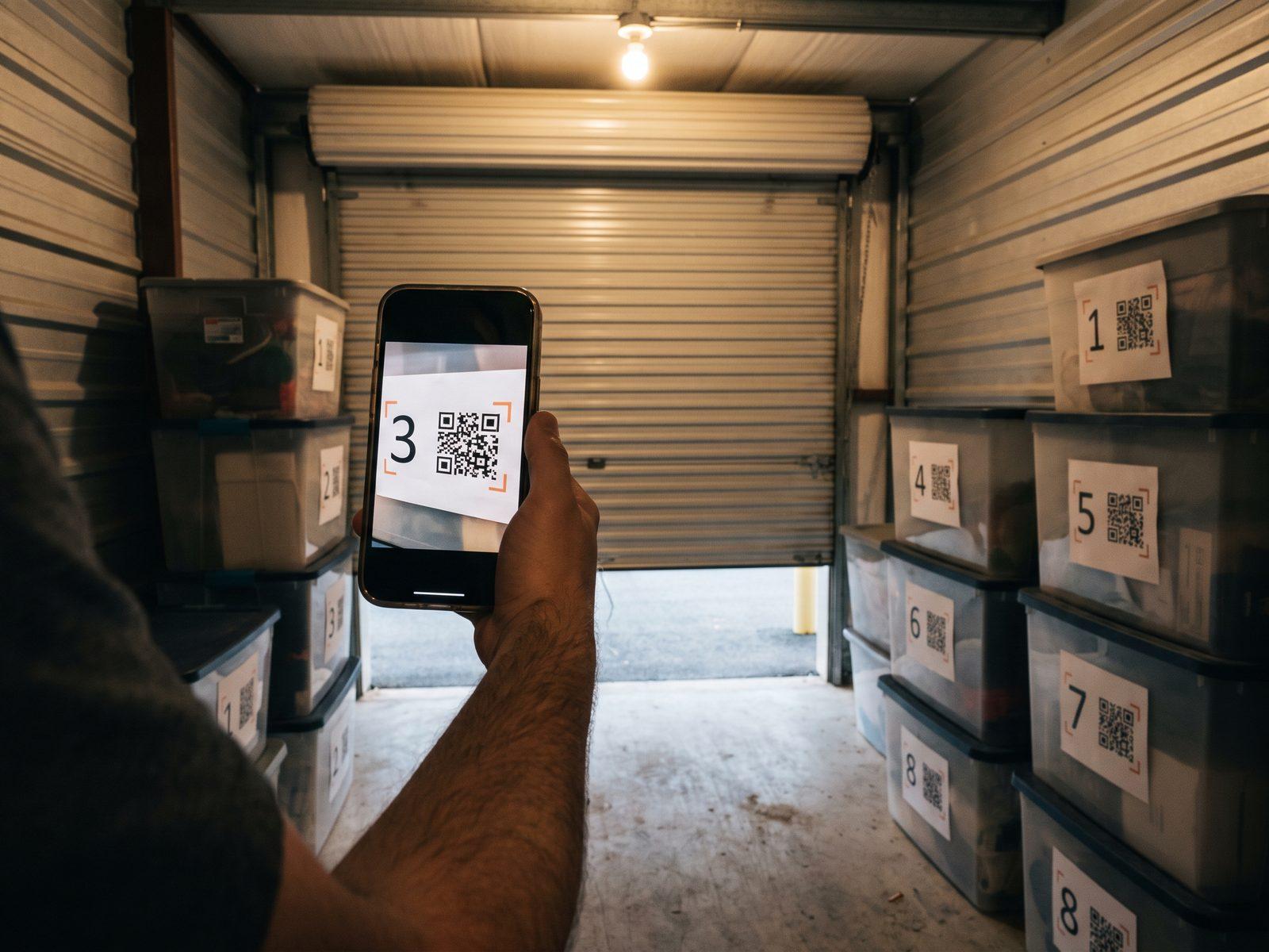 Inside a storage unit lined with labelled totes, a hand holds up a phone whose camera shows the label of bin 3 and its QR code.